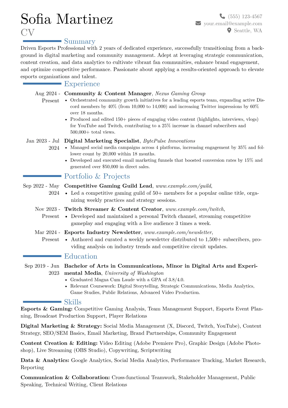 Esports Professional resume example, Career changer, page 1