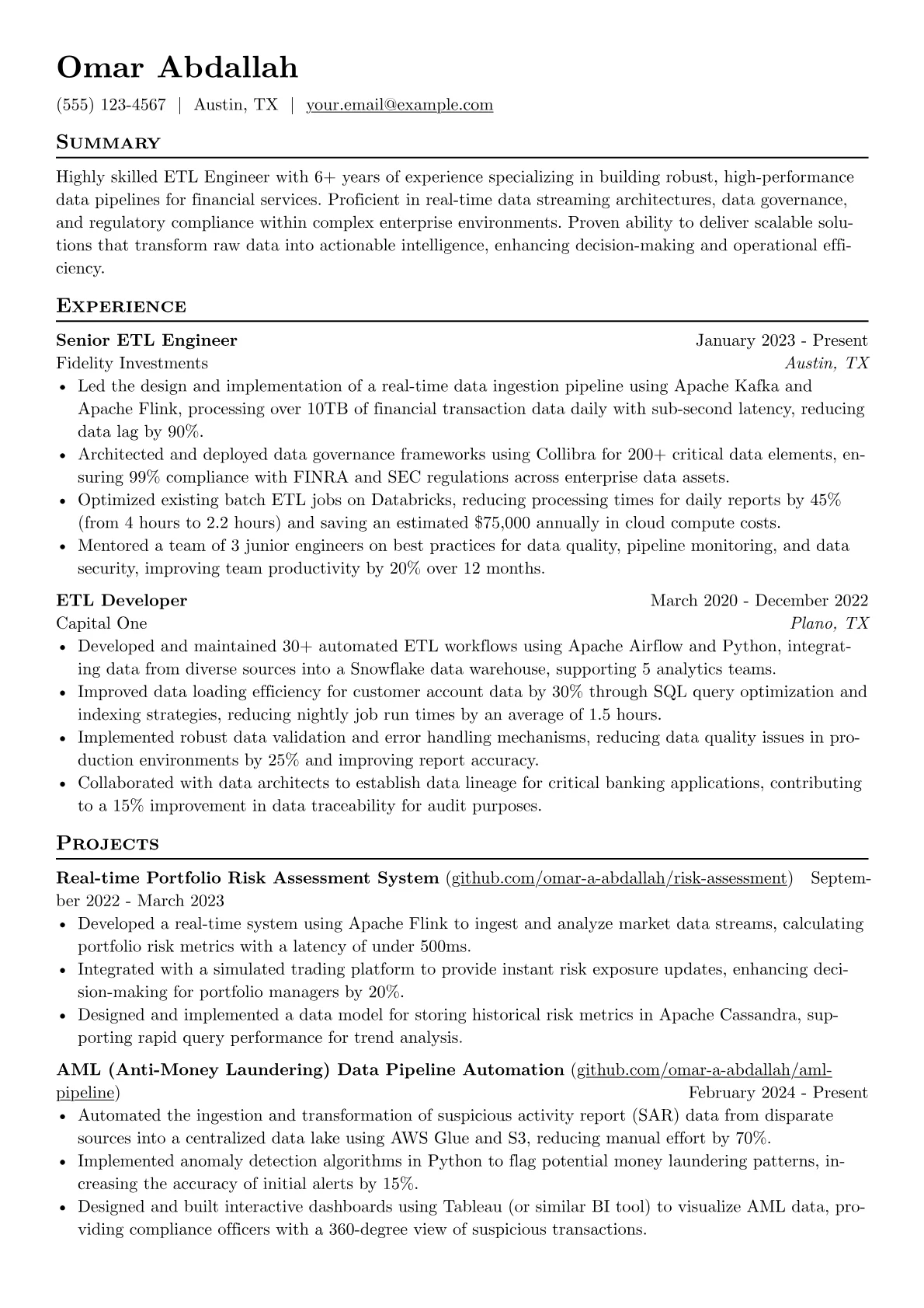 ETL Engineer resume example, Financial Services, page 1