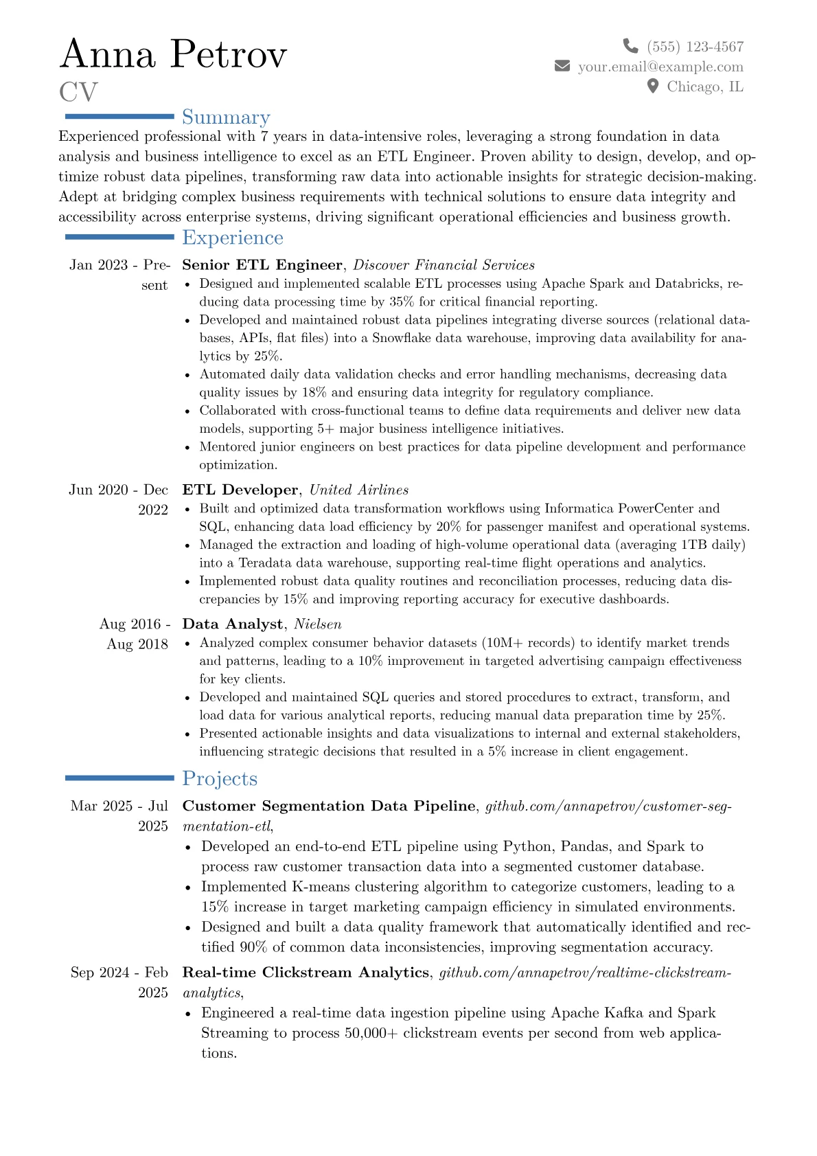ETL Engineer resume example, Career changer, page 1