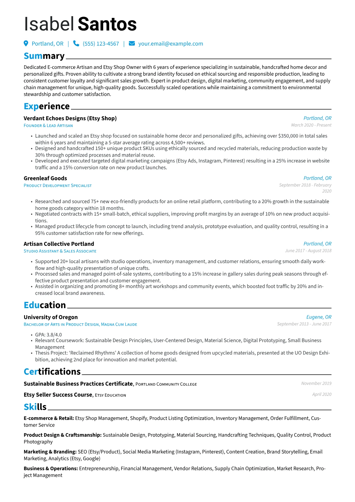 Etsy Shop Owner resume example, E-commerce & Retail, page 1