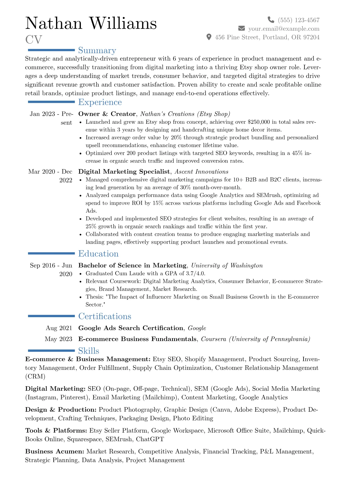 Etsy Shop Owner resume example, Career changer, page 1