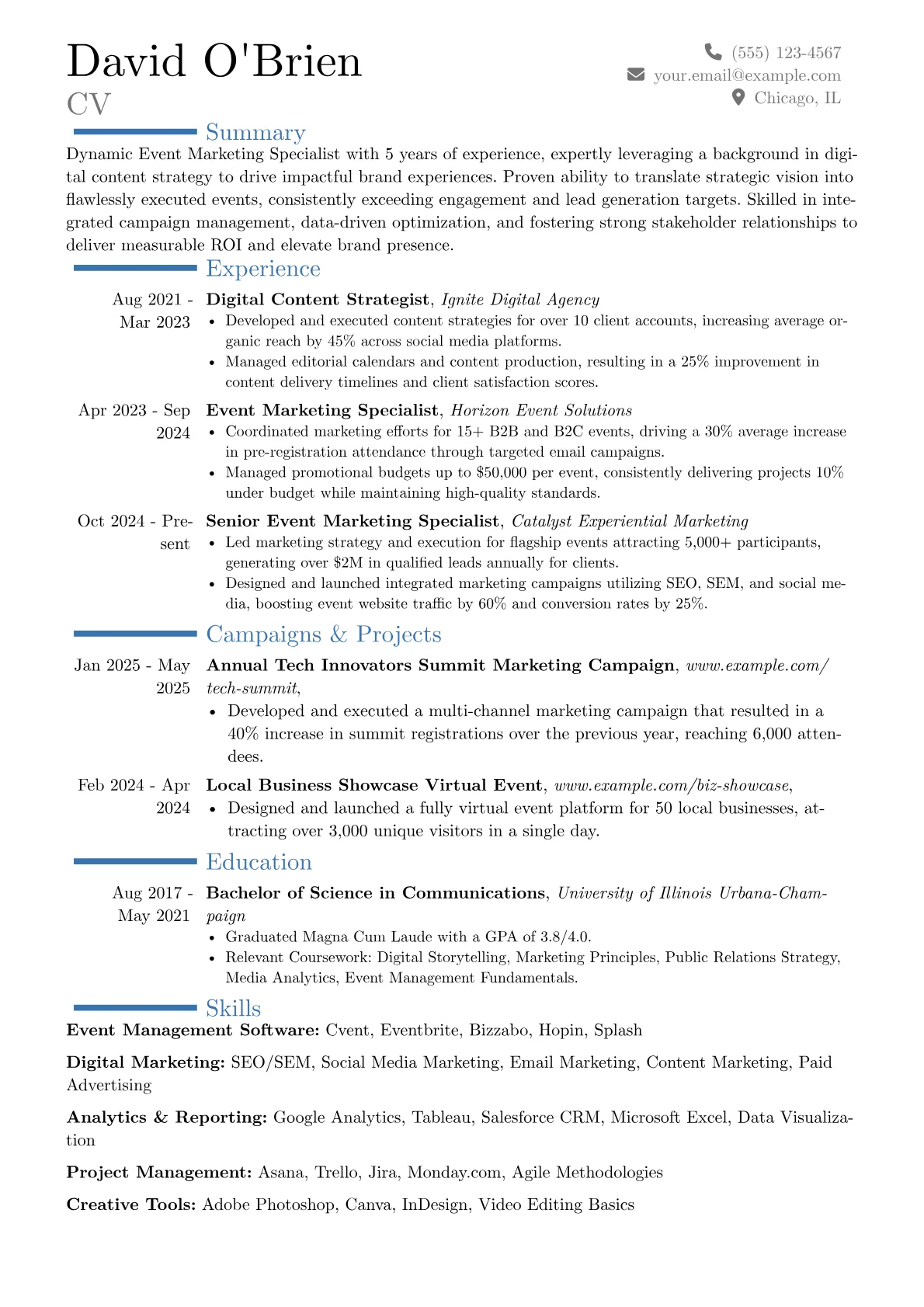 Event Marketing Specialist resume example, Career changer, page 1