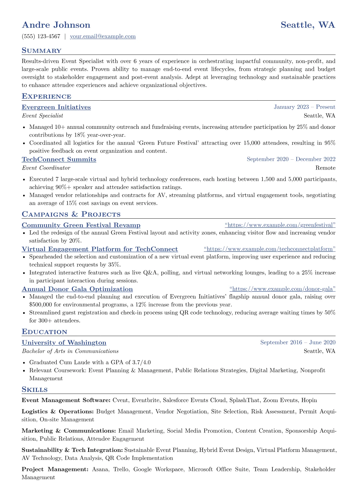 Event Specialist resume example, Non-Profit & Community, page 1