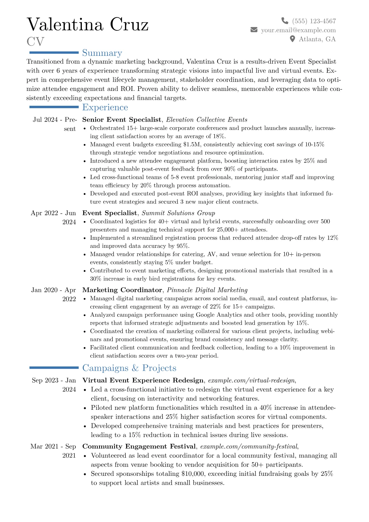 Event Specialist resume example, Career changer, page 1