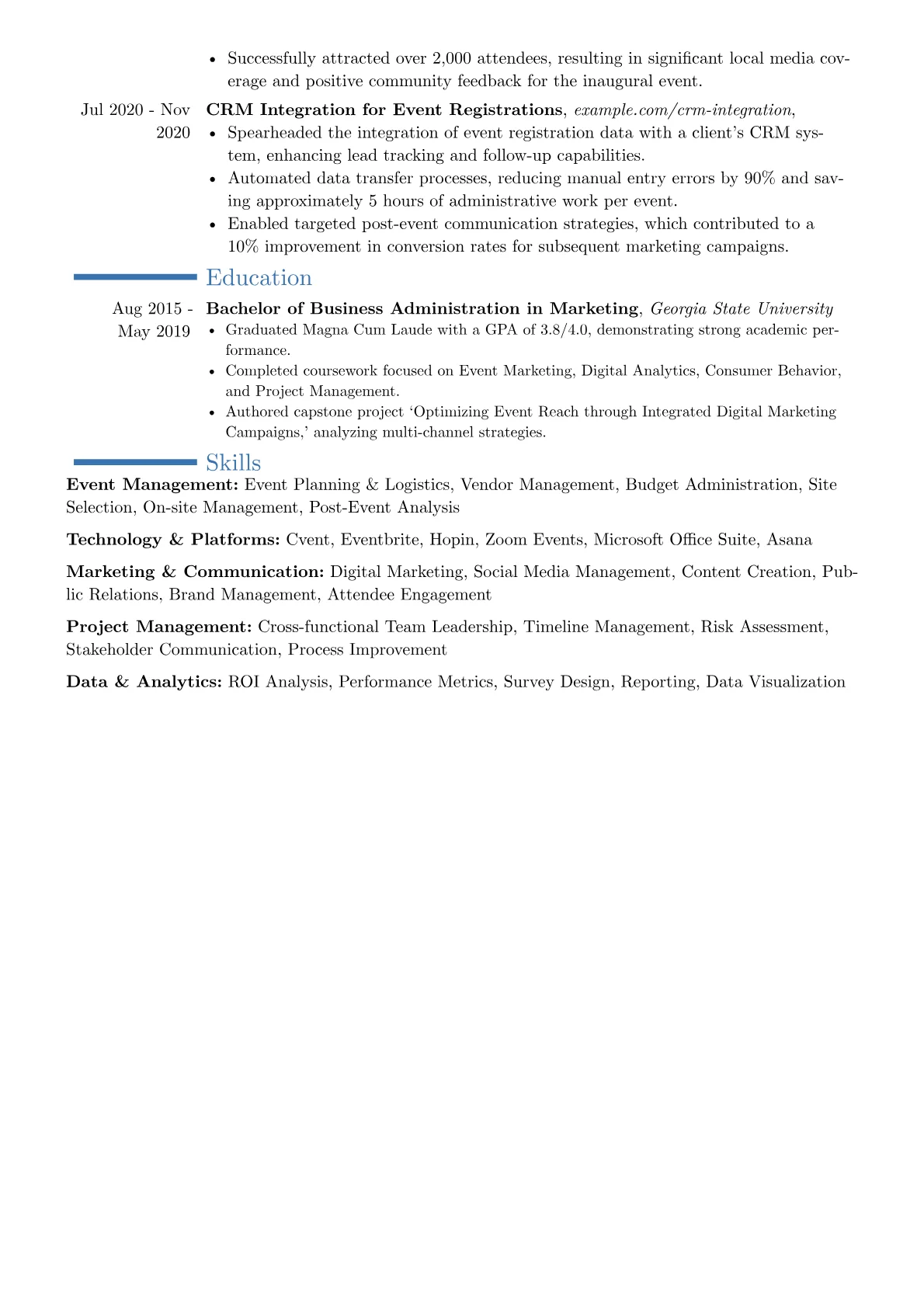 Event Specialist resume example, Career changer, page 2