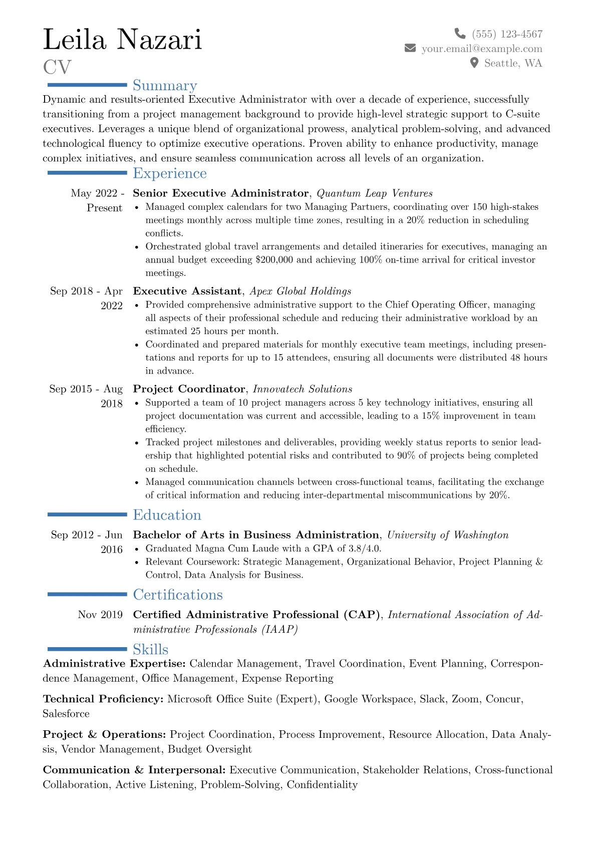 Executive Administrator resume example, Career changer, page 1