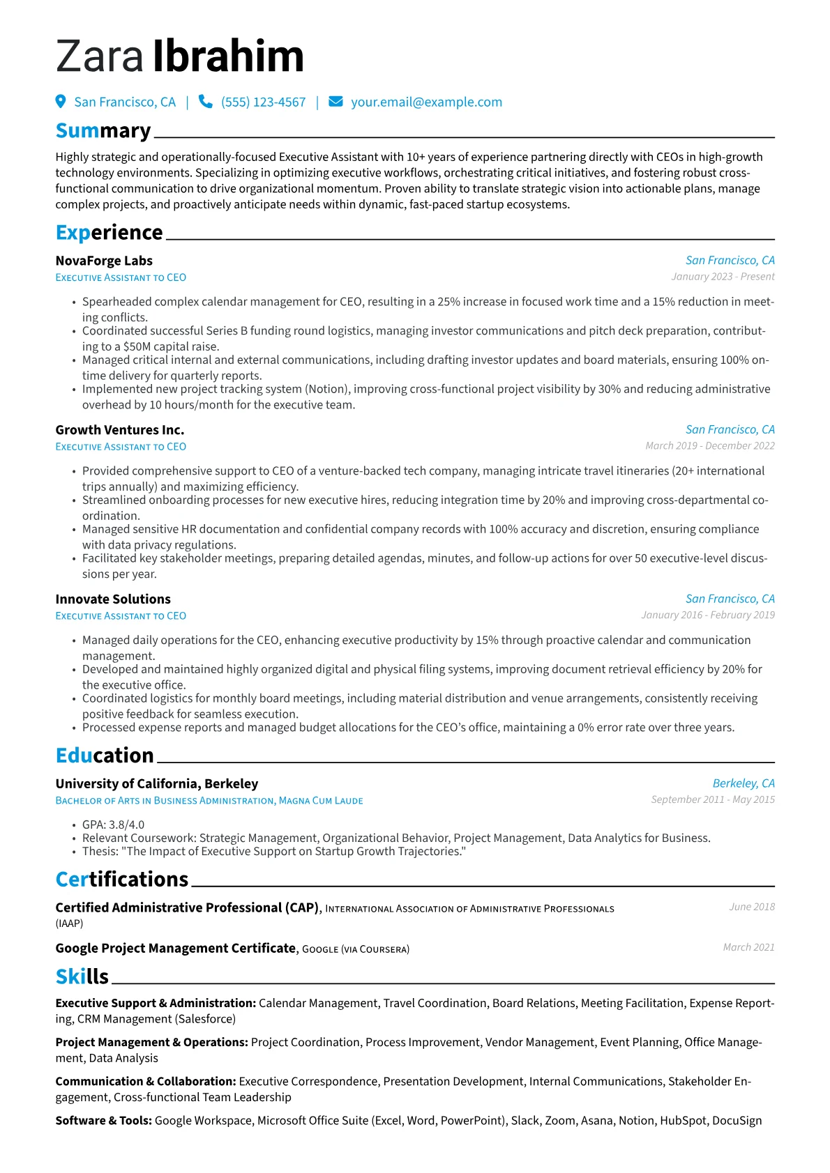 Executive Assistant to CEO resume example, Tech Startup EA to CEO, page 1