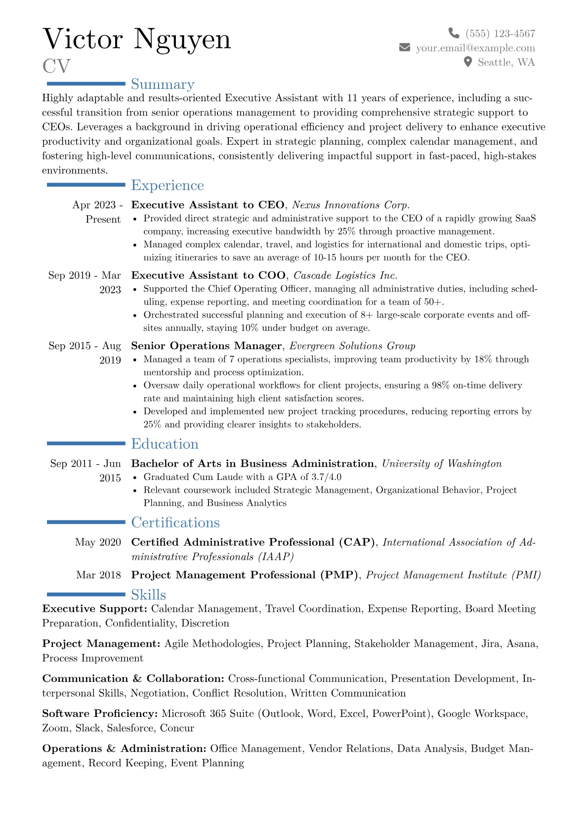 Executive Assistant to CEO resume example, Career changer, page 1