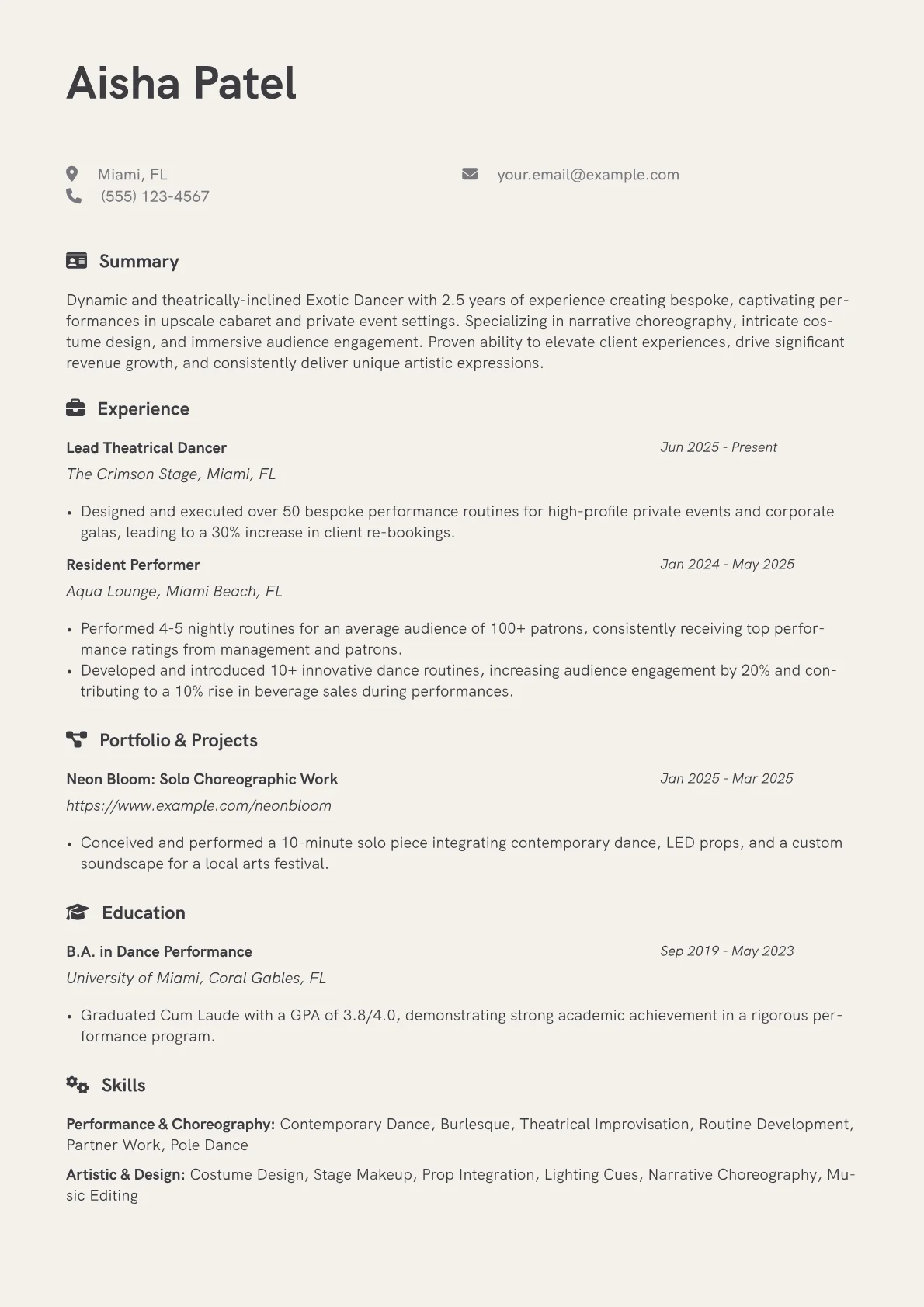 Exotic Dancer resume example, Theatrical & Bespoke, page 1