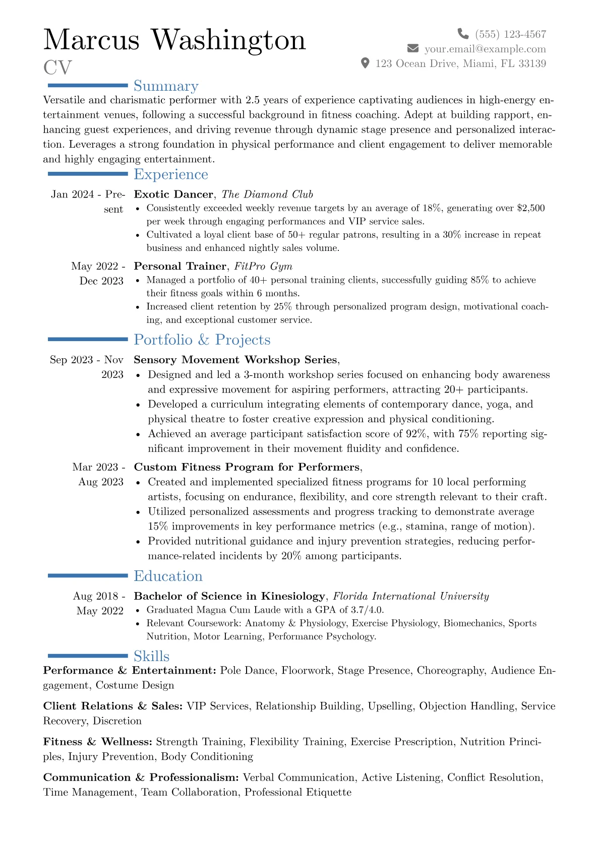 Exotic Dancer resume example, Career changer, page 1
