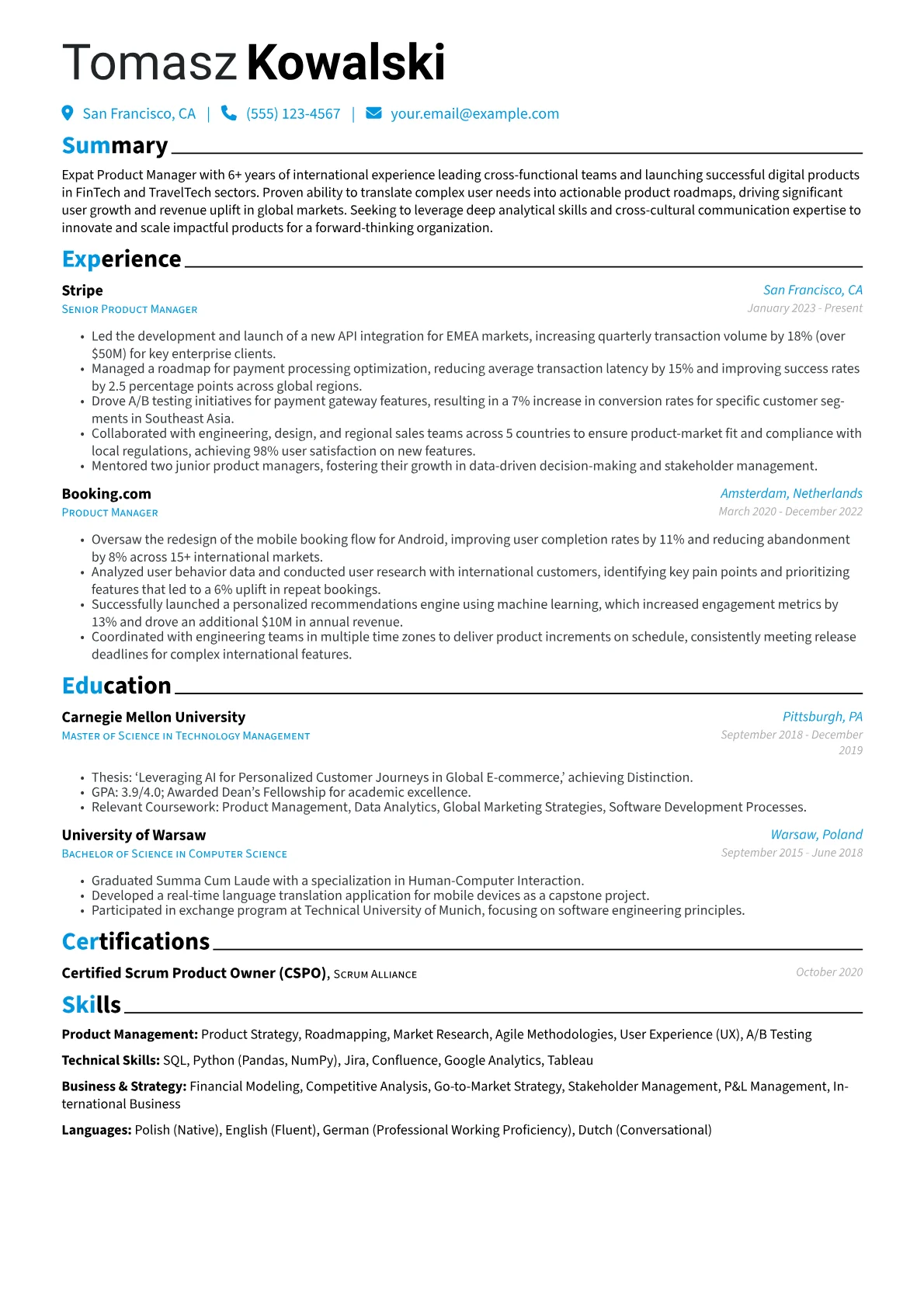 Expat resume example, Product Management, page 1