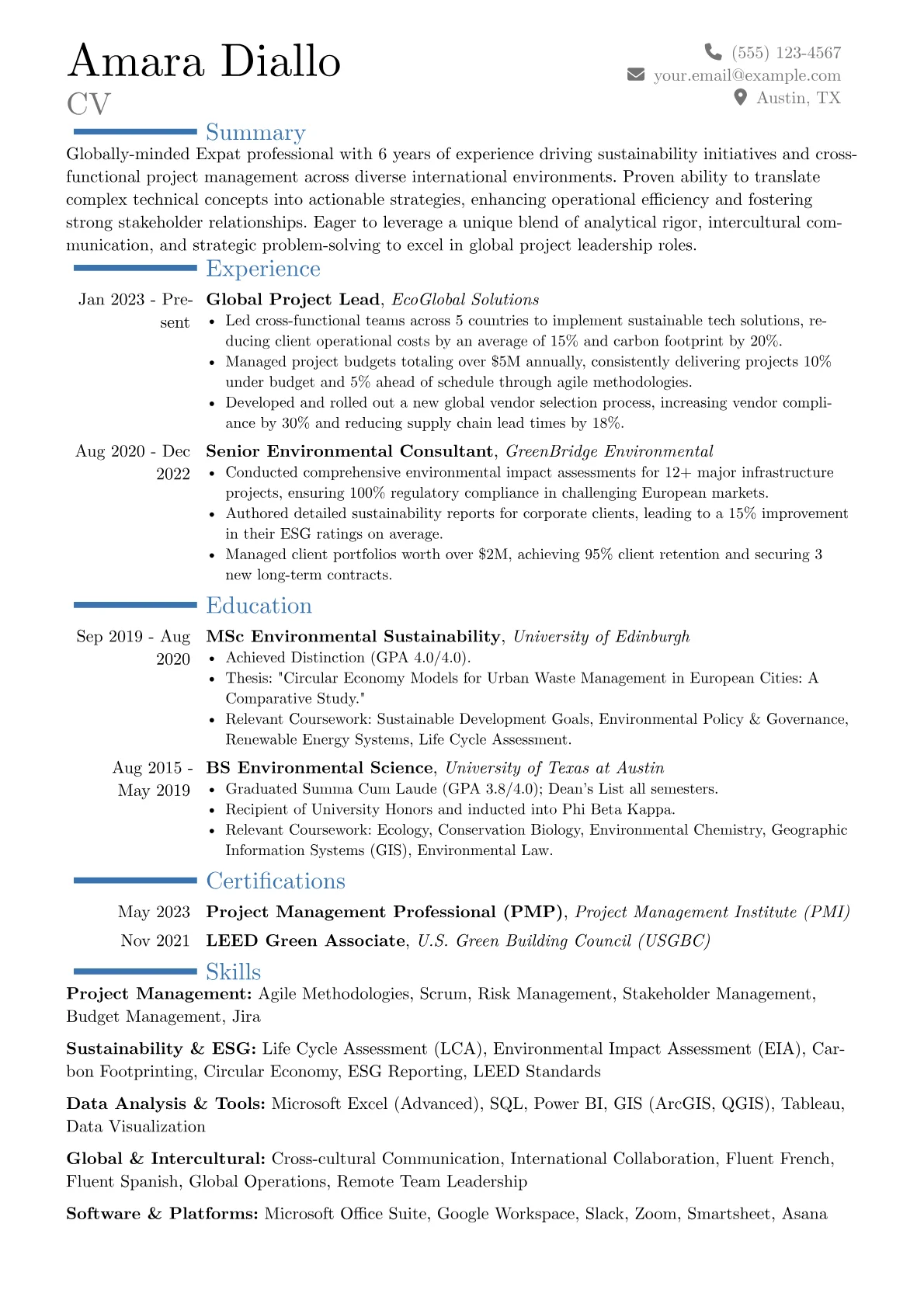 Expat resume example, Career changer, page 1