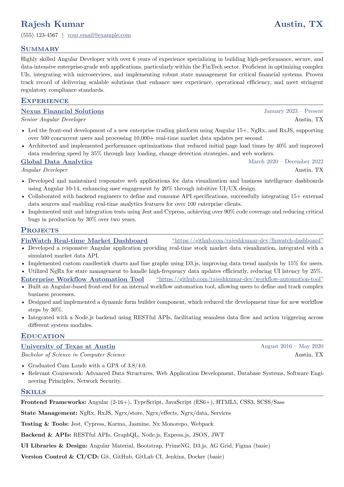 Experienced Angular Developer resume example, FinTech Angular Developer, page 1