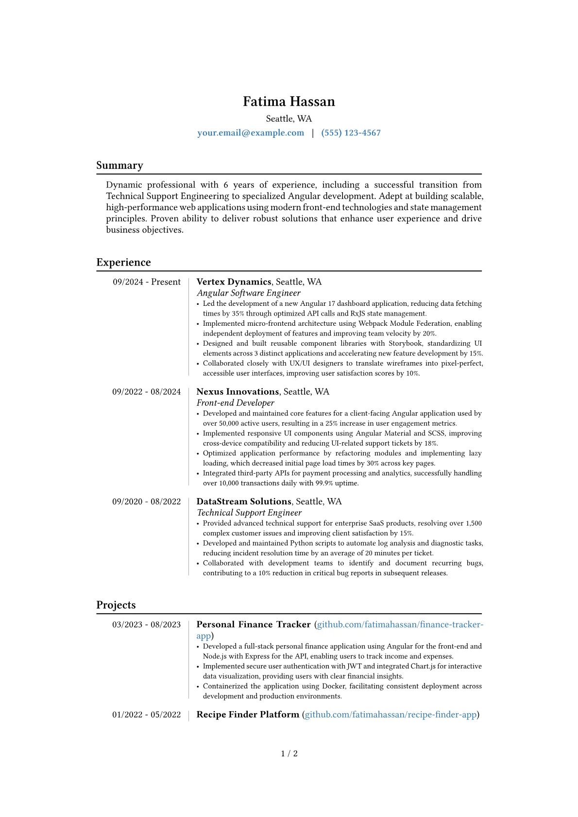 Experienced Angular Developer resume example, Career changer, page 1