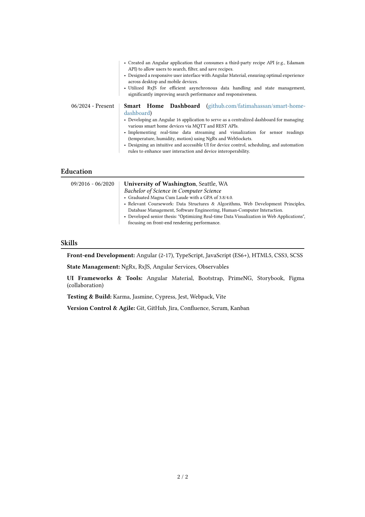 Experienced Angular Developer resume example, Career changer, page 2