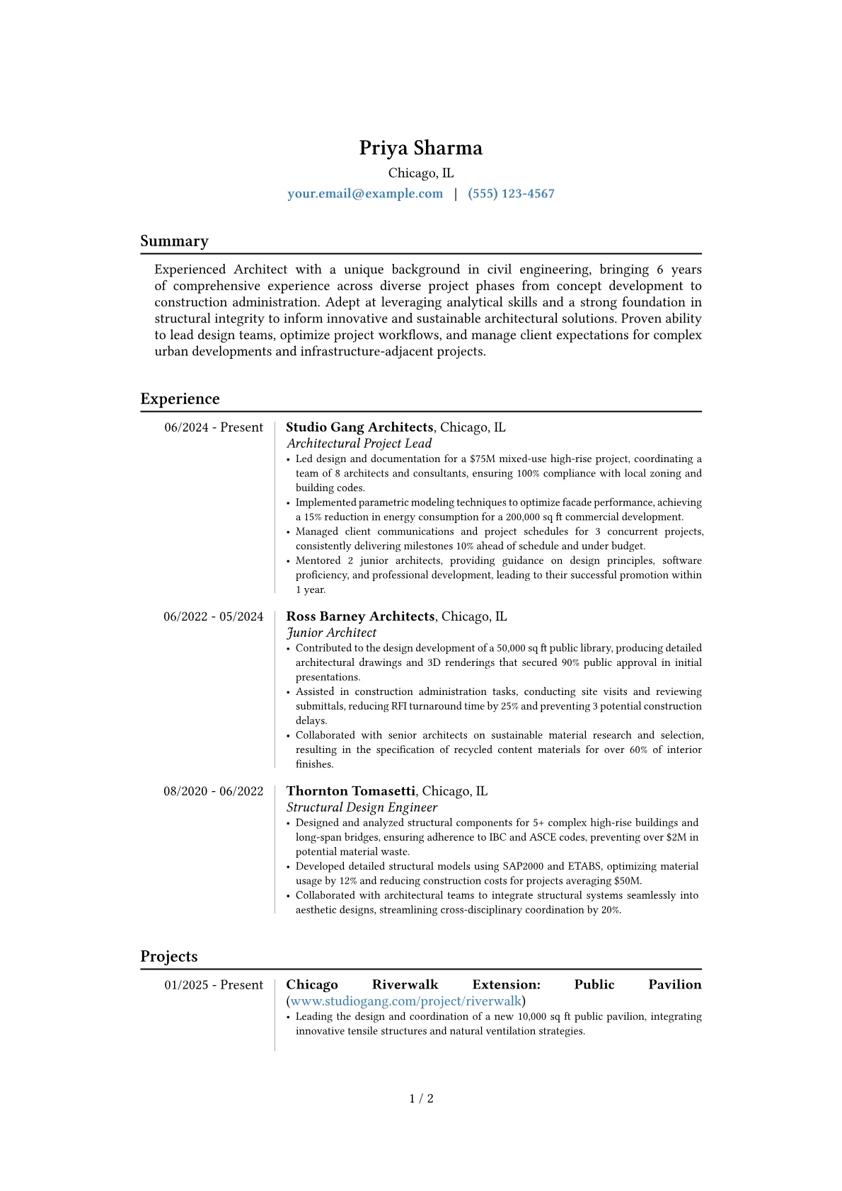 Experienced Architect resume example, Career changer, page 1
