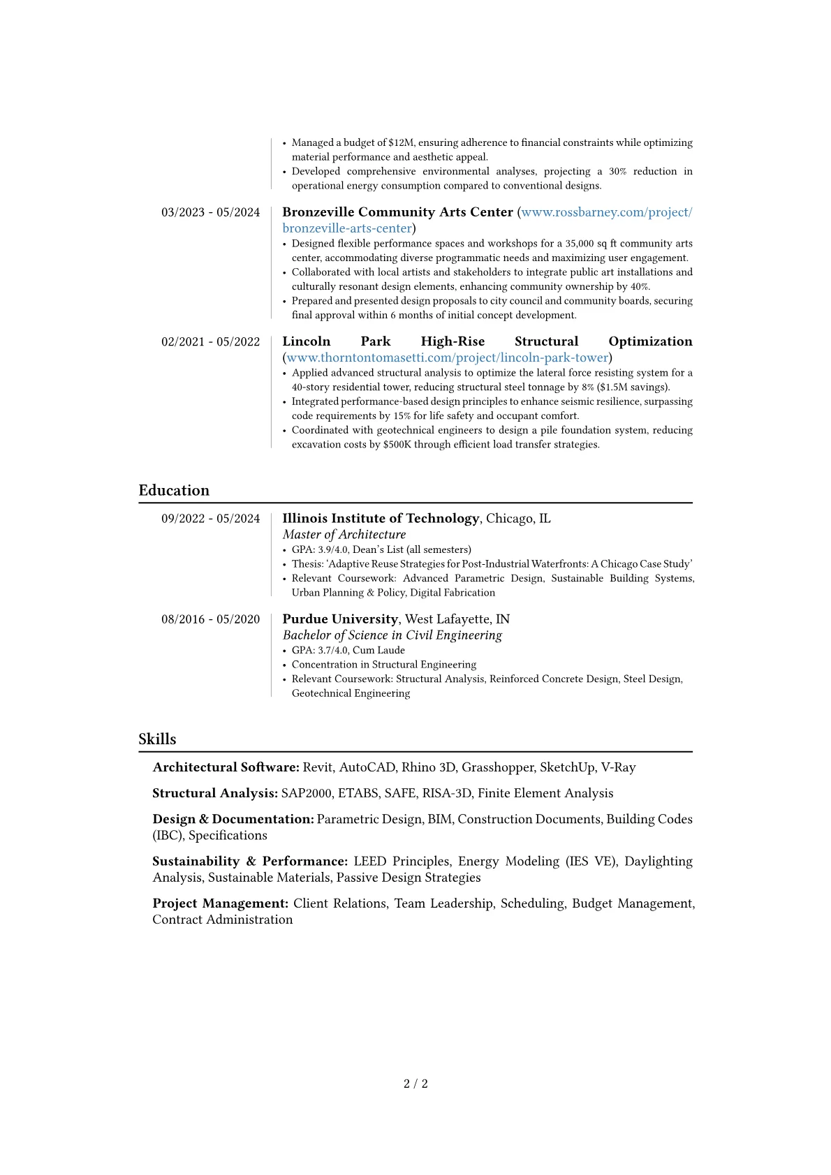 Experienced Architect resume example, Career changer, page 2