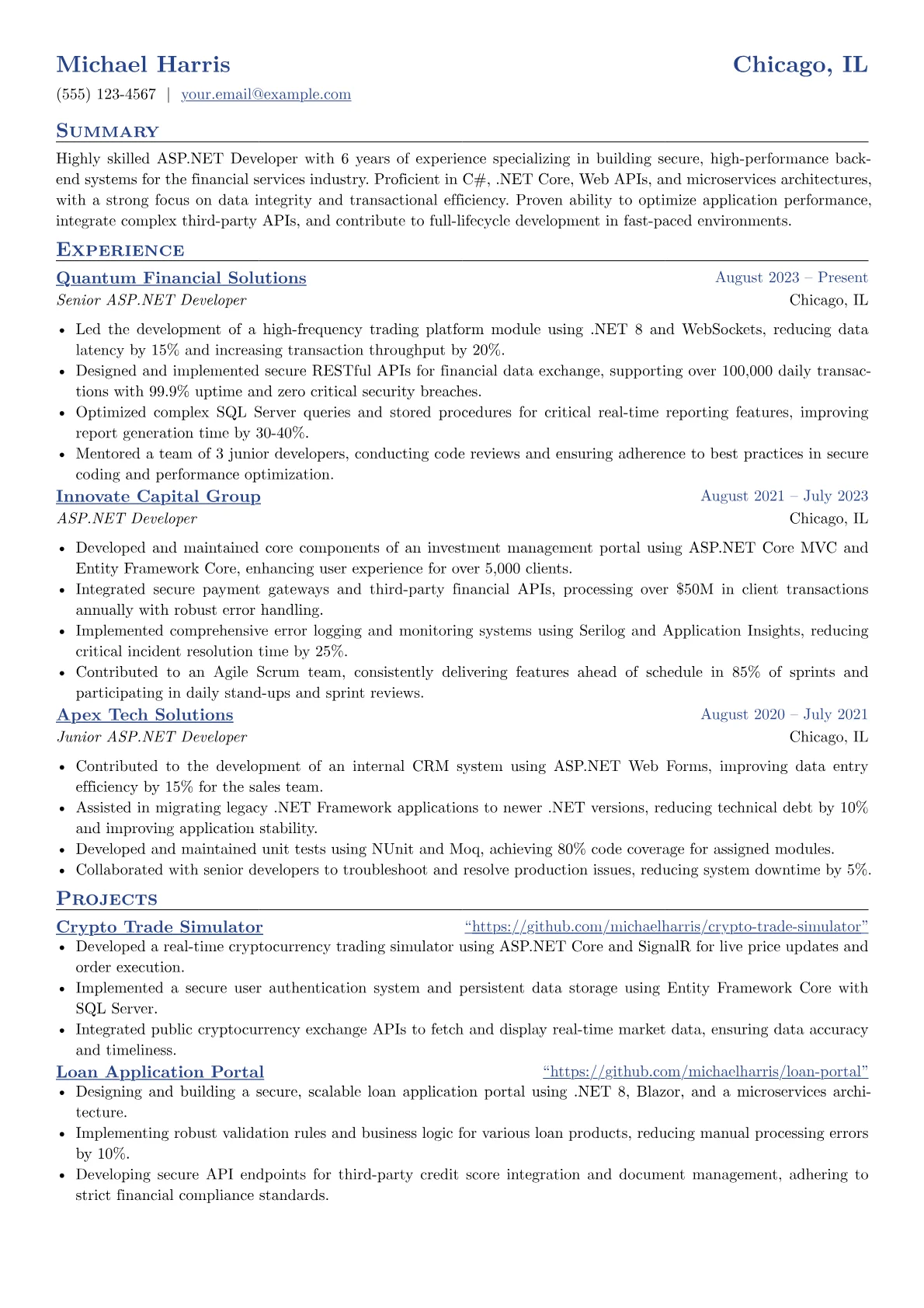 Experienced ASP.NET Developer resume example, Programming Languages, page 1