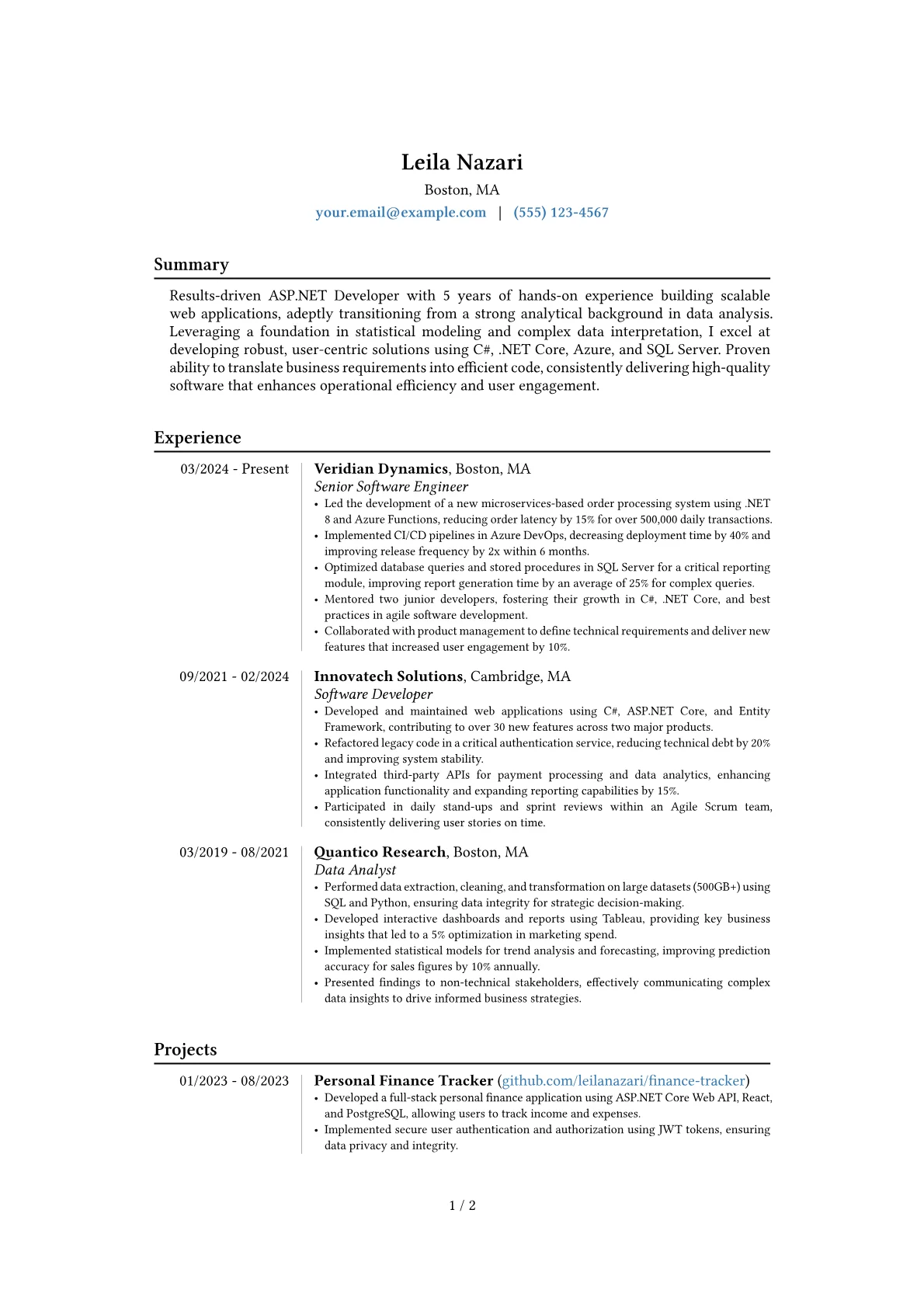 Experienced ASP.NET Developer resume example, Career changer, page 1