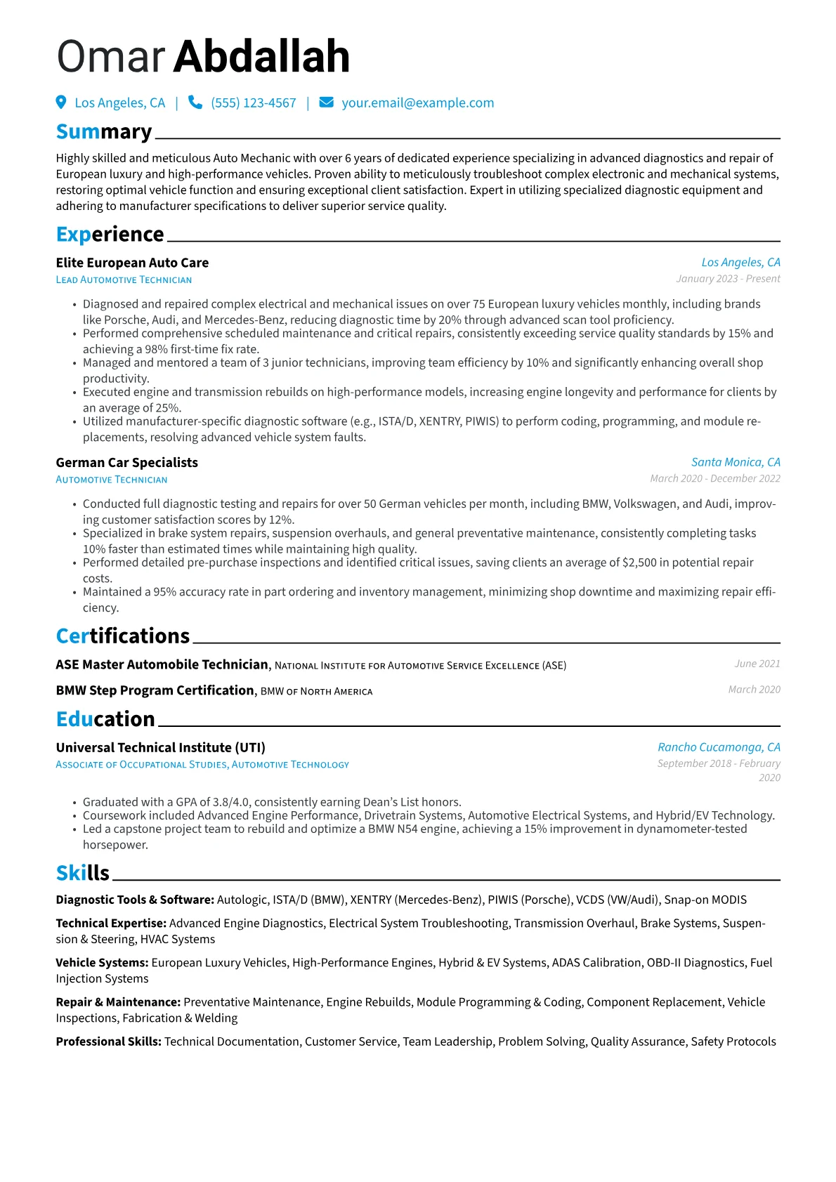 Experienced Auto Mechanic resume example, Specialized European Auto, page 1