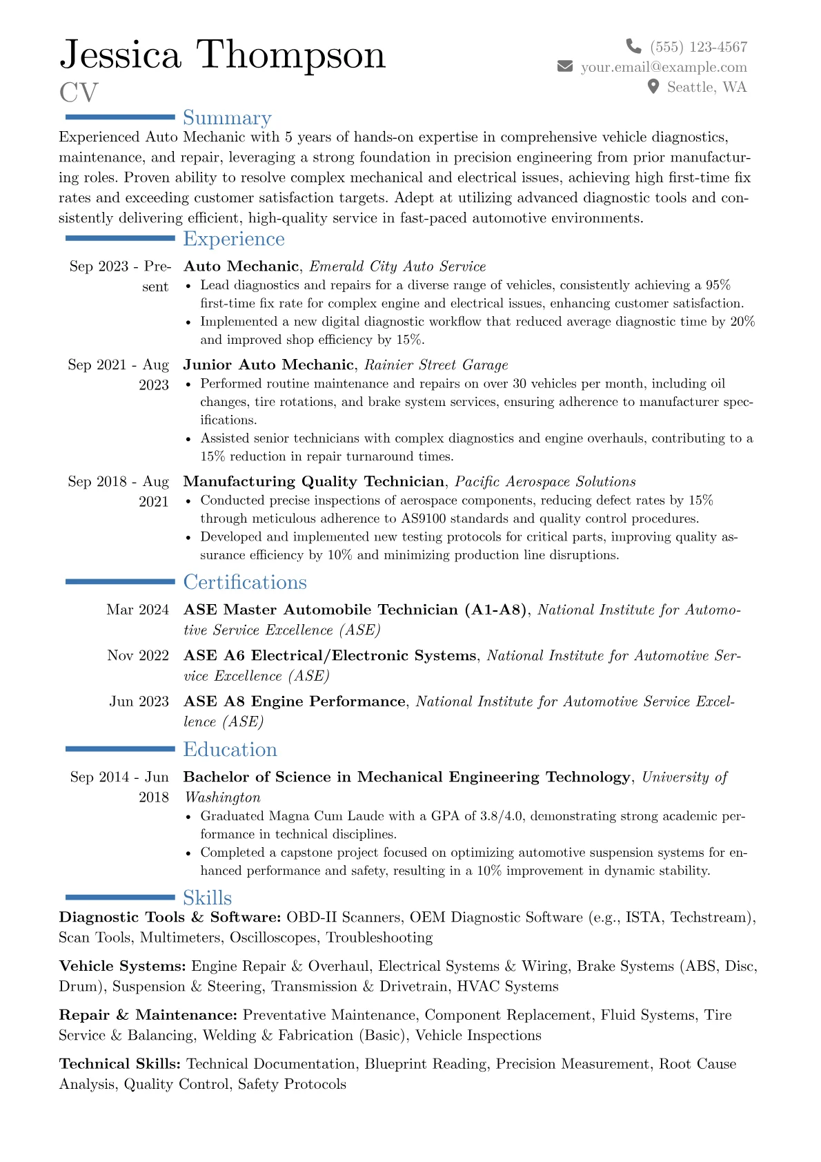 Experienced Auto Mechanic resume example, Career changer, page 1