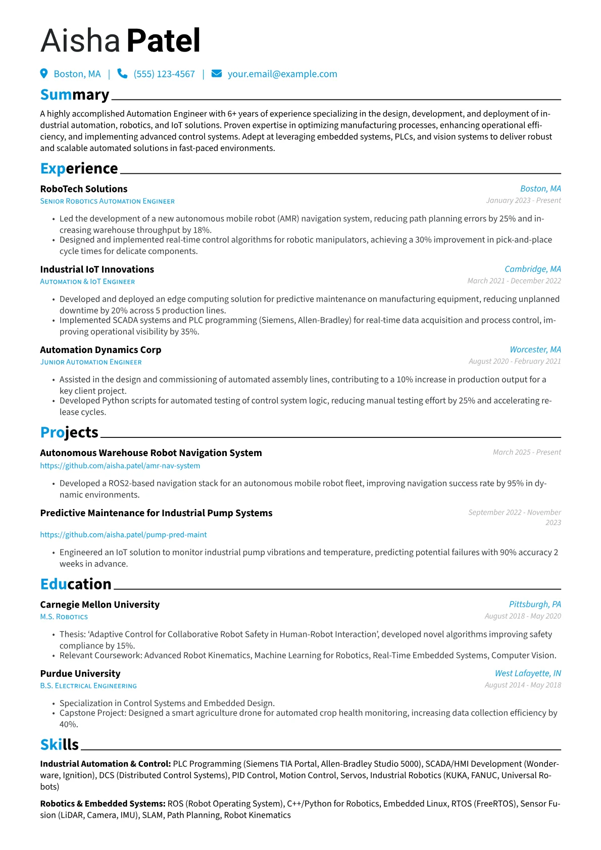 Experienced Automation Engineer resume example, Industrial Robotics & IoT, page 1