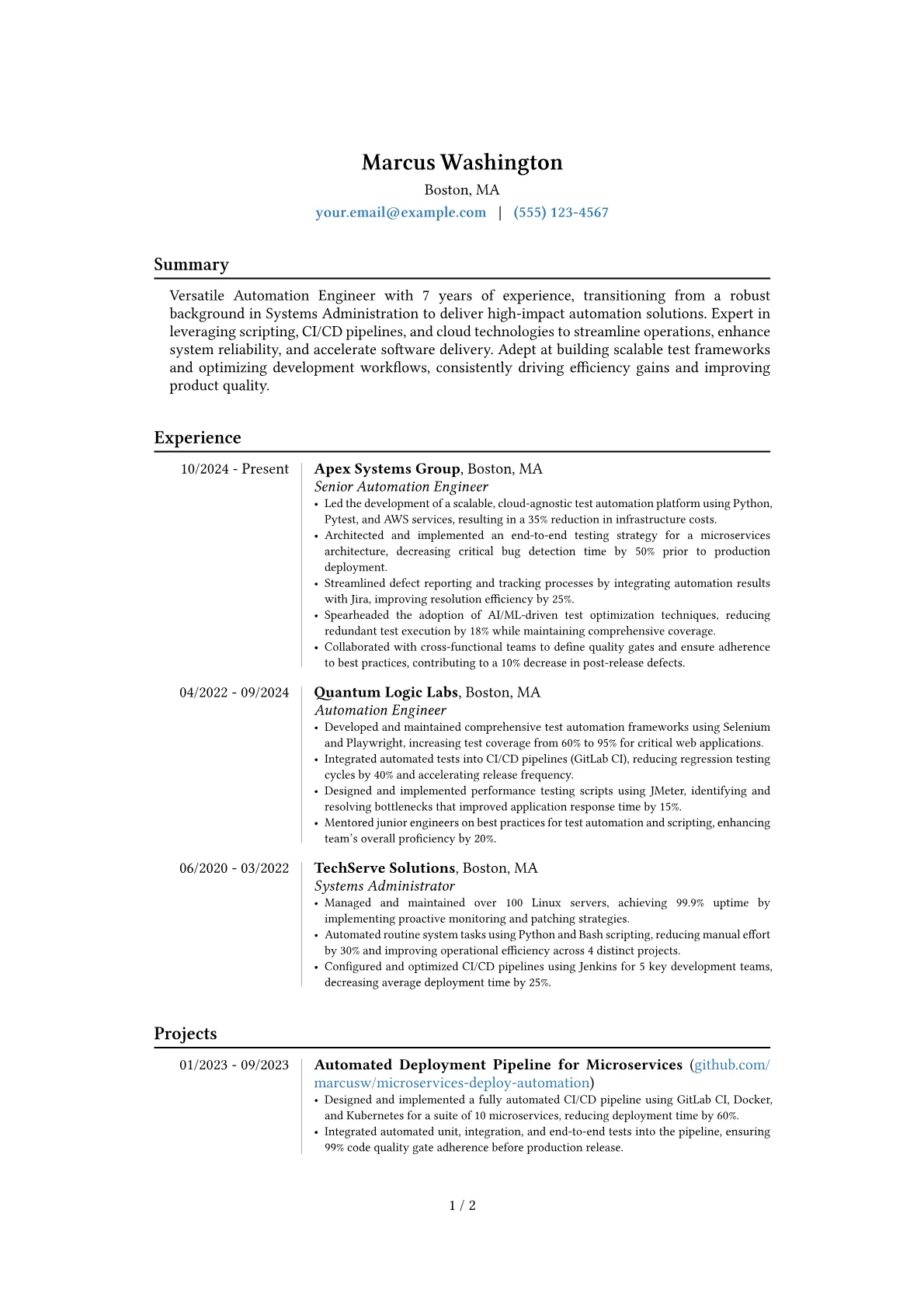 Experienced Automation Engineer resume example, Career changer, page 1
