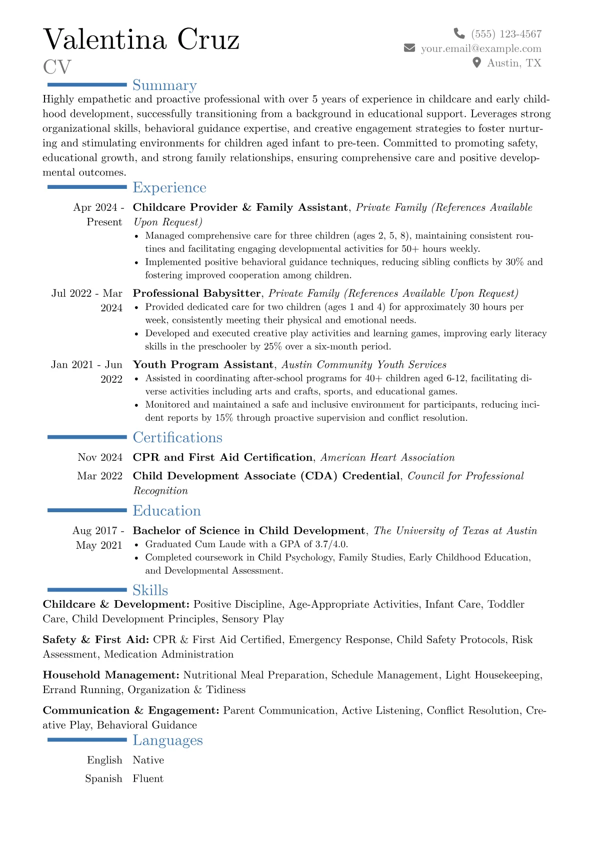 Experienced Babysitter resume example, Career changer, page 1