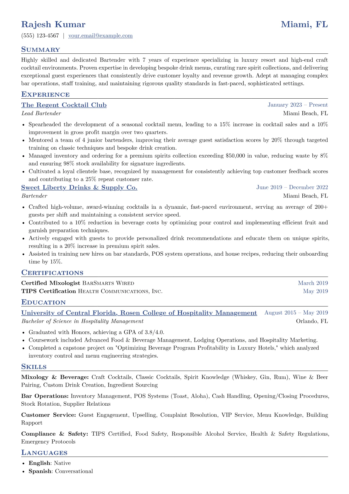 Experienced Bartender resume example, Experienced Bartender, page 1