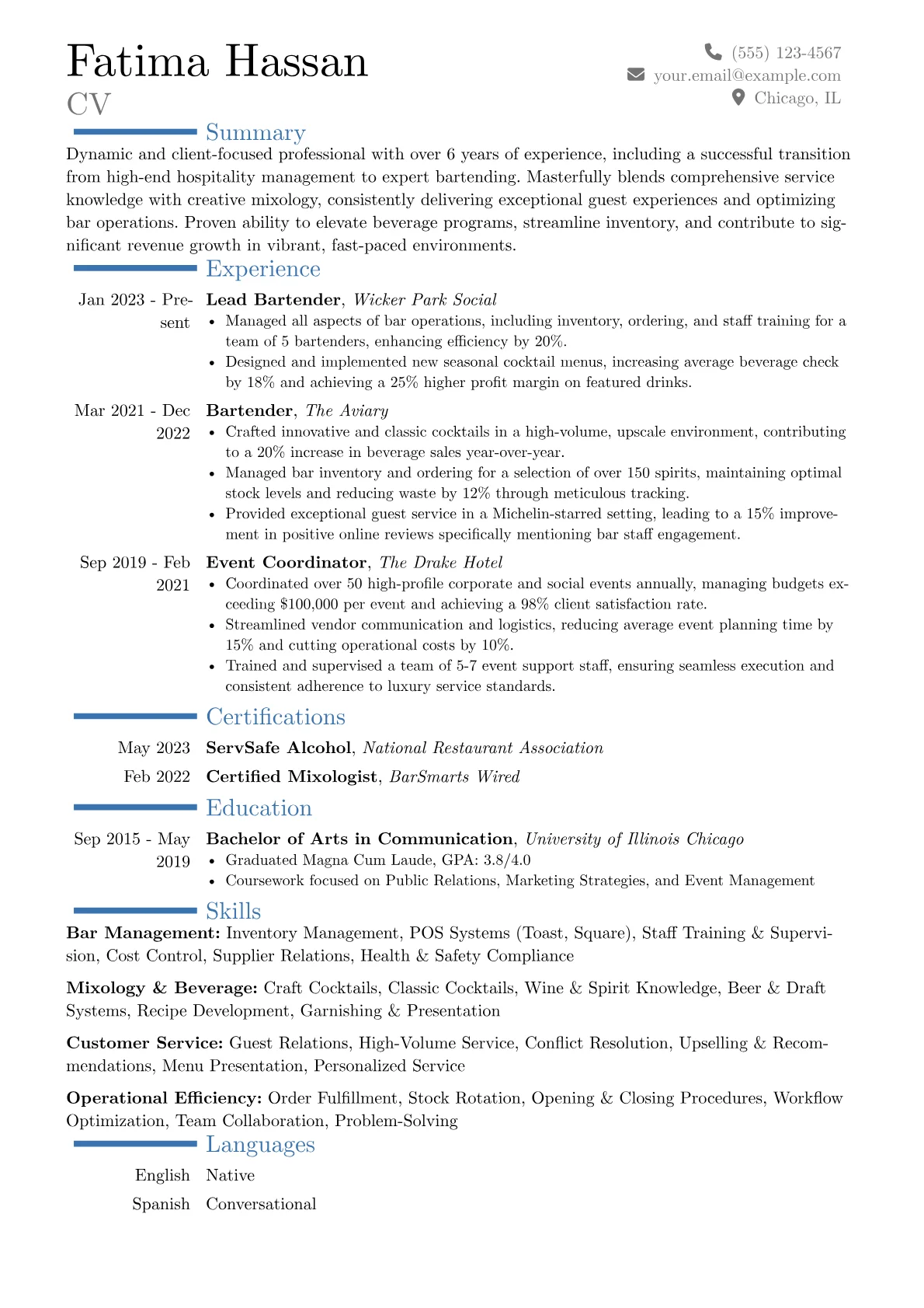 Experienced Bartender resume example, Career changer, page 1