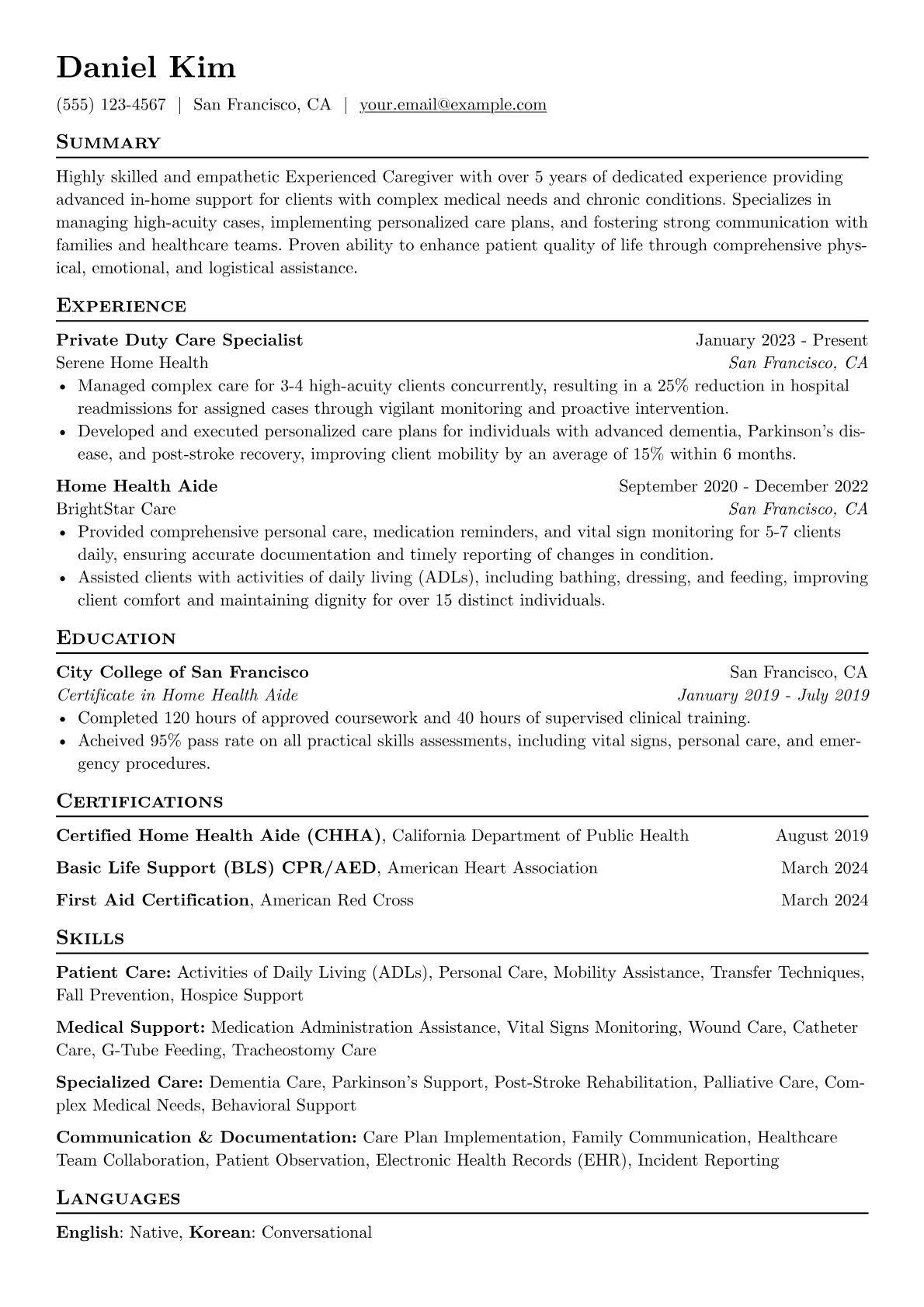 Experienced Caregiver resume example, Experienced Caregiver, page 1