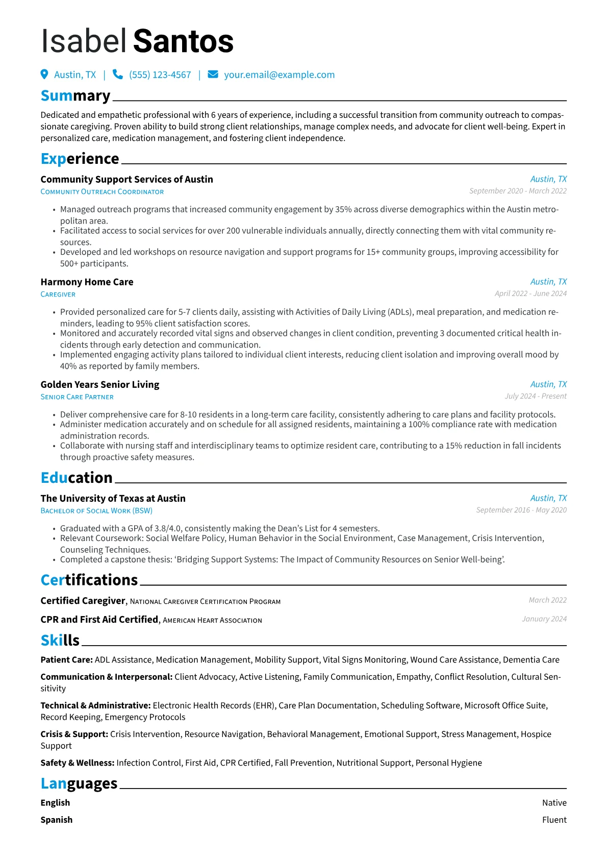 Experienced Caregiver resume example, Career changer, page 1