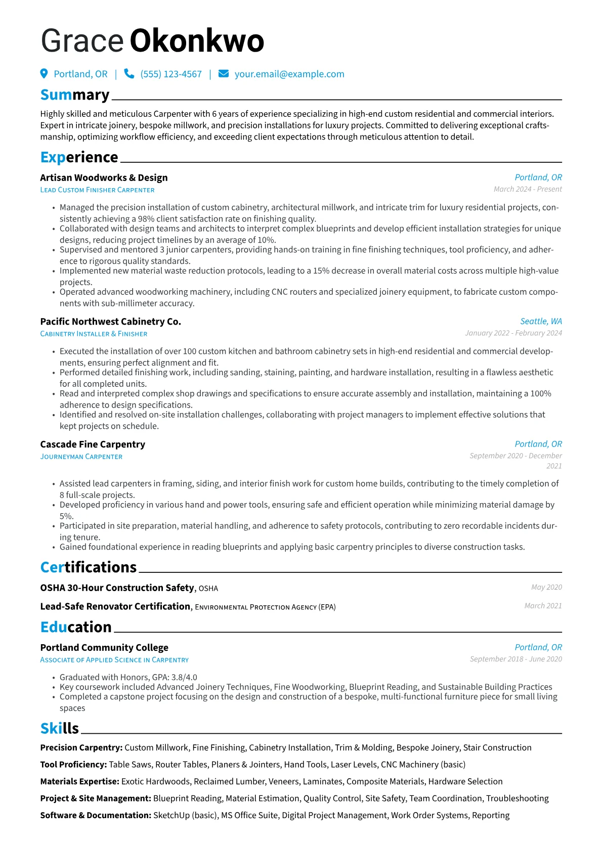 Experienced Carpenter resume example, Custom & Luxury Carpentry, page 1