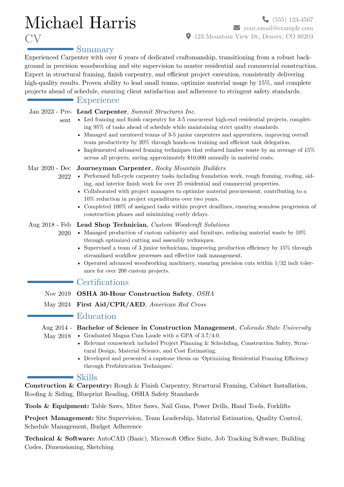 Experienced Carpenter resume example, Career changer, page 1