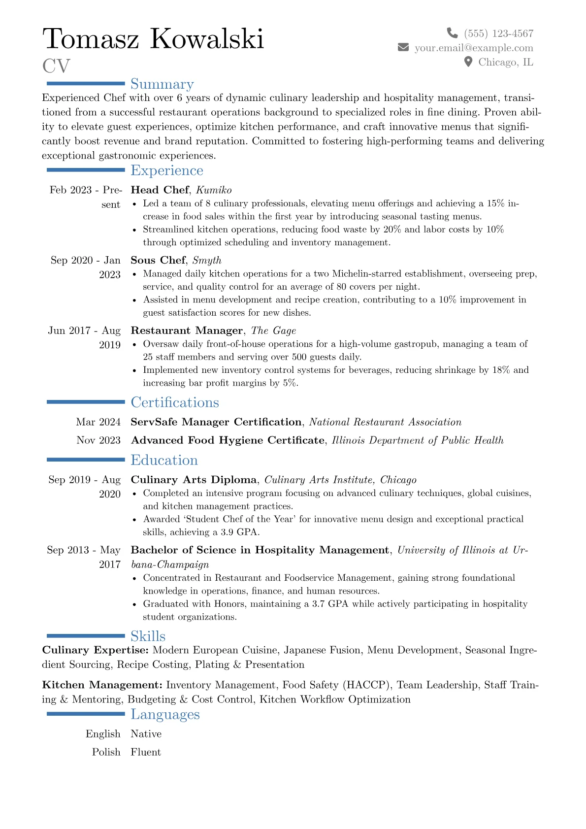 Experienced Chef resume example, Career changer, page 1
