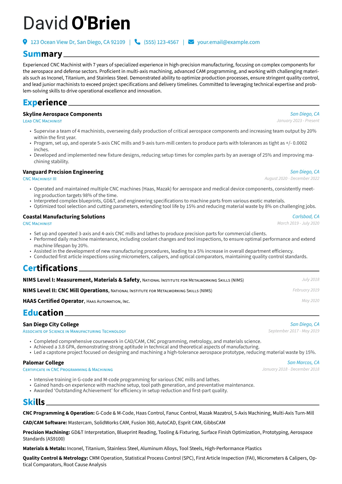Experienced CNC Machinist resume example, Aerospace Component, page 1