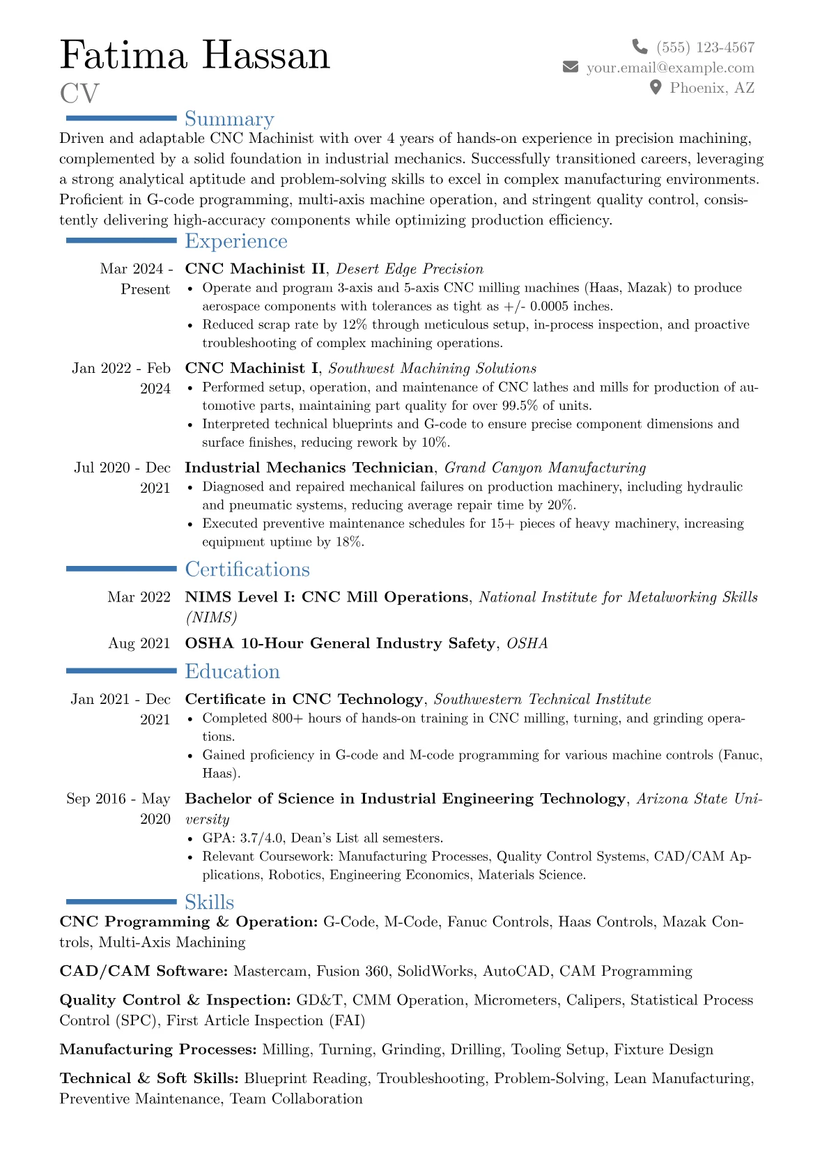 Experienced CNC Machinist resume example, Career changer, page 1