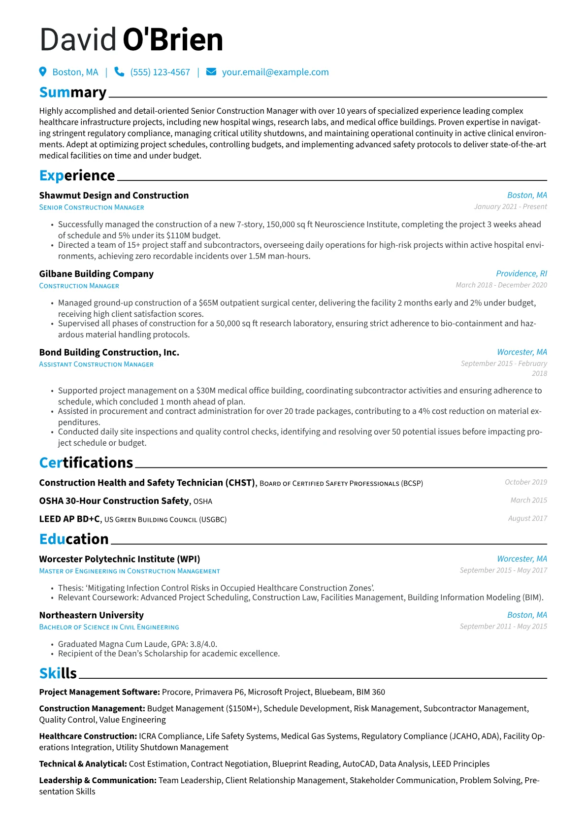 Experienced Construction Manager resume example, Healthcare Facilities, page 1