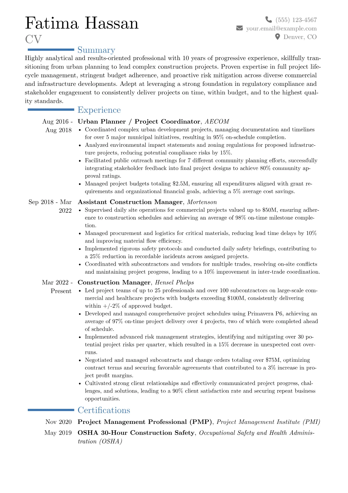 Experienced Construction Manager resume example, Career changer, page 1