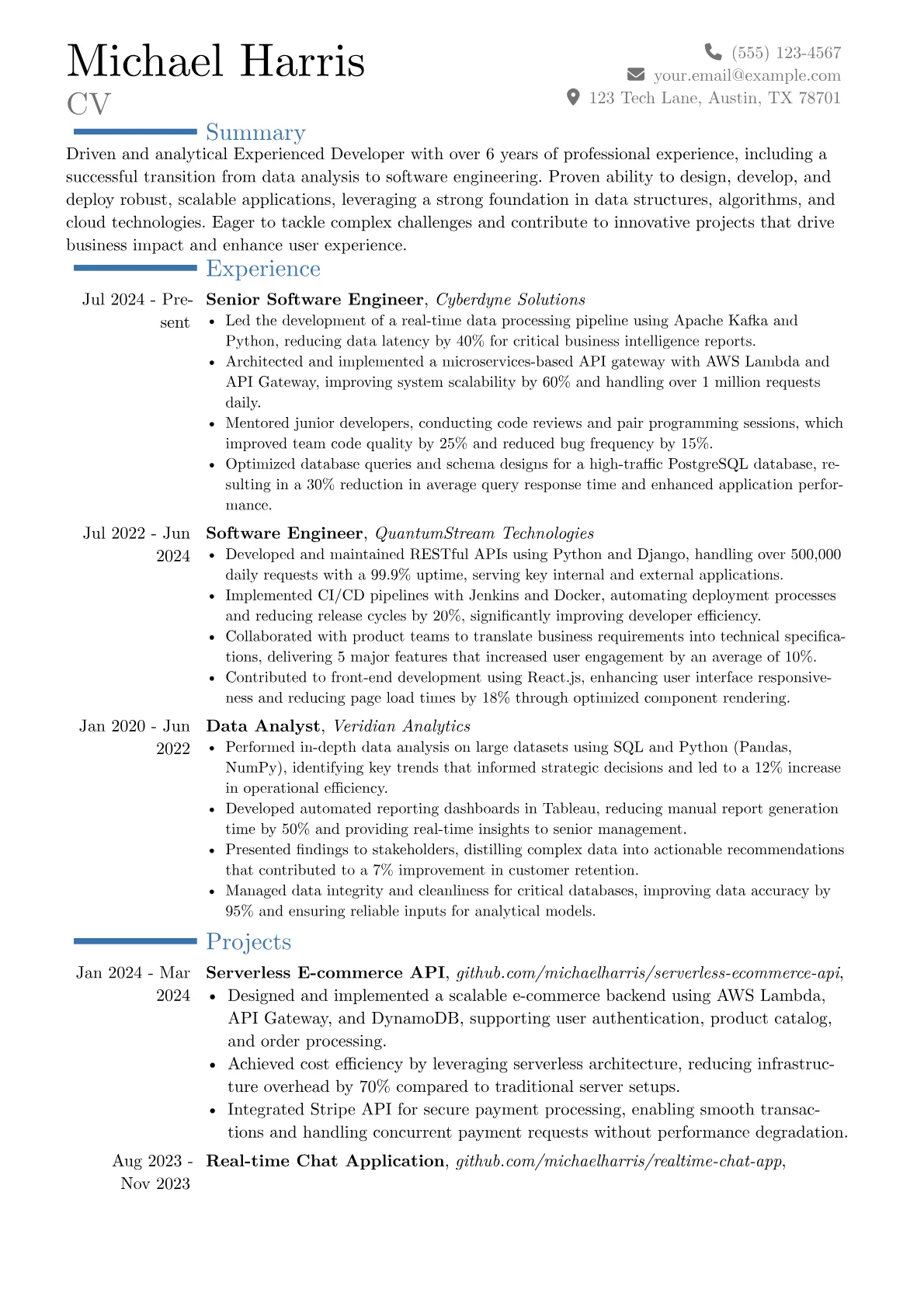 Experienced Developer resume example, Career changer, page 1