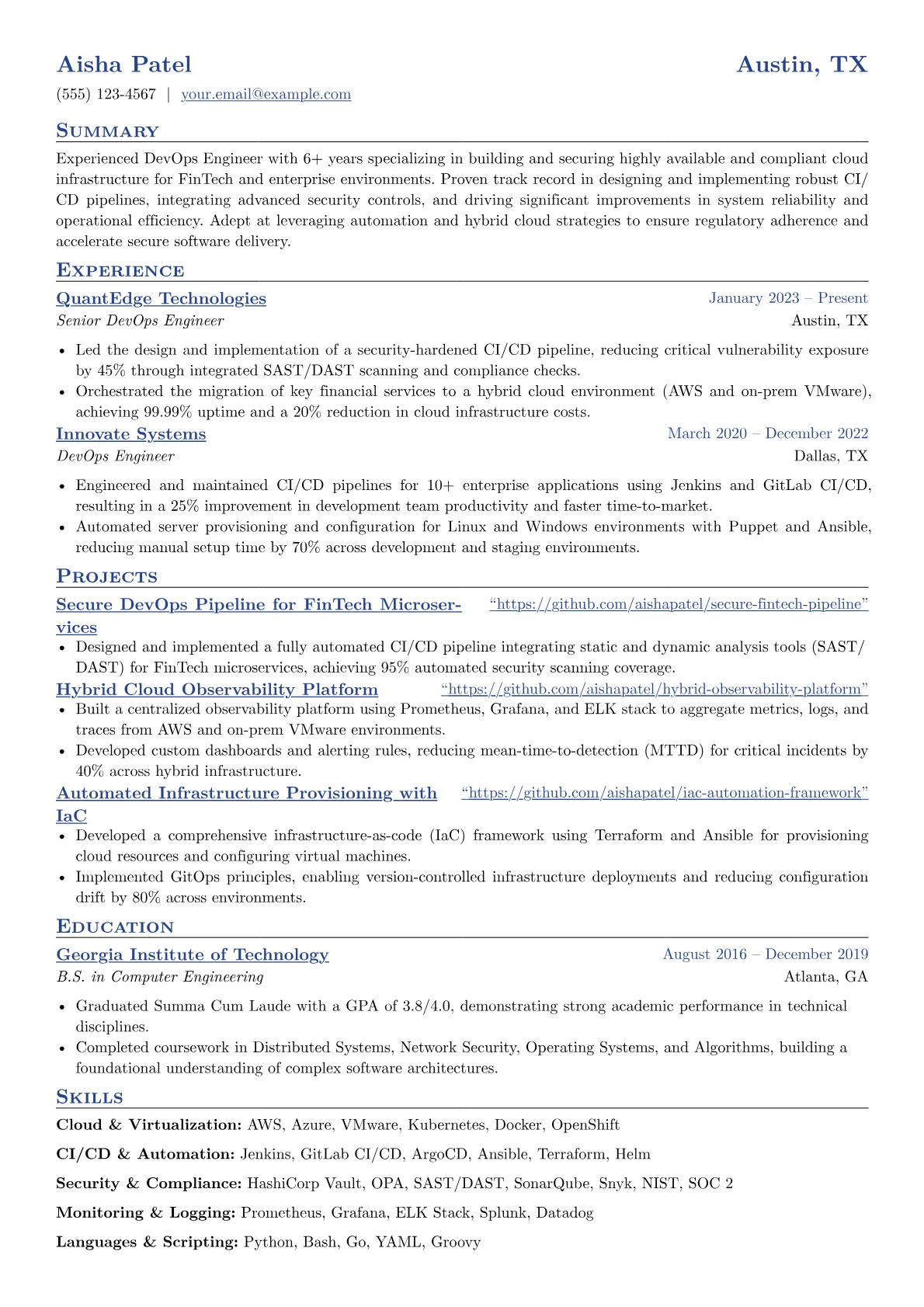 Experienced DevOps Engineer resume example, Experienced DevOps, page 1