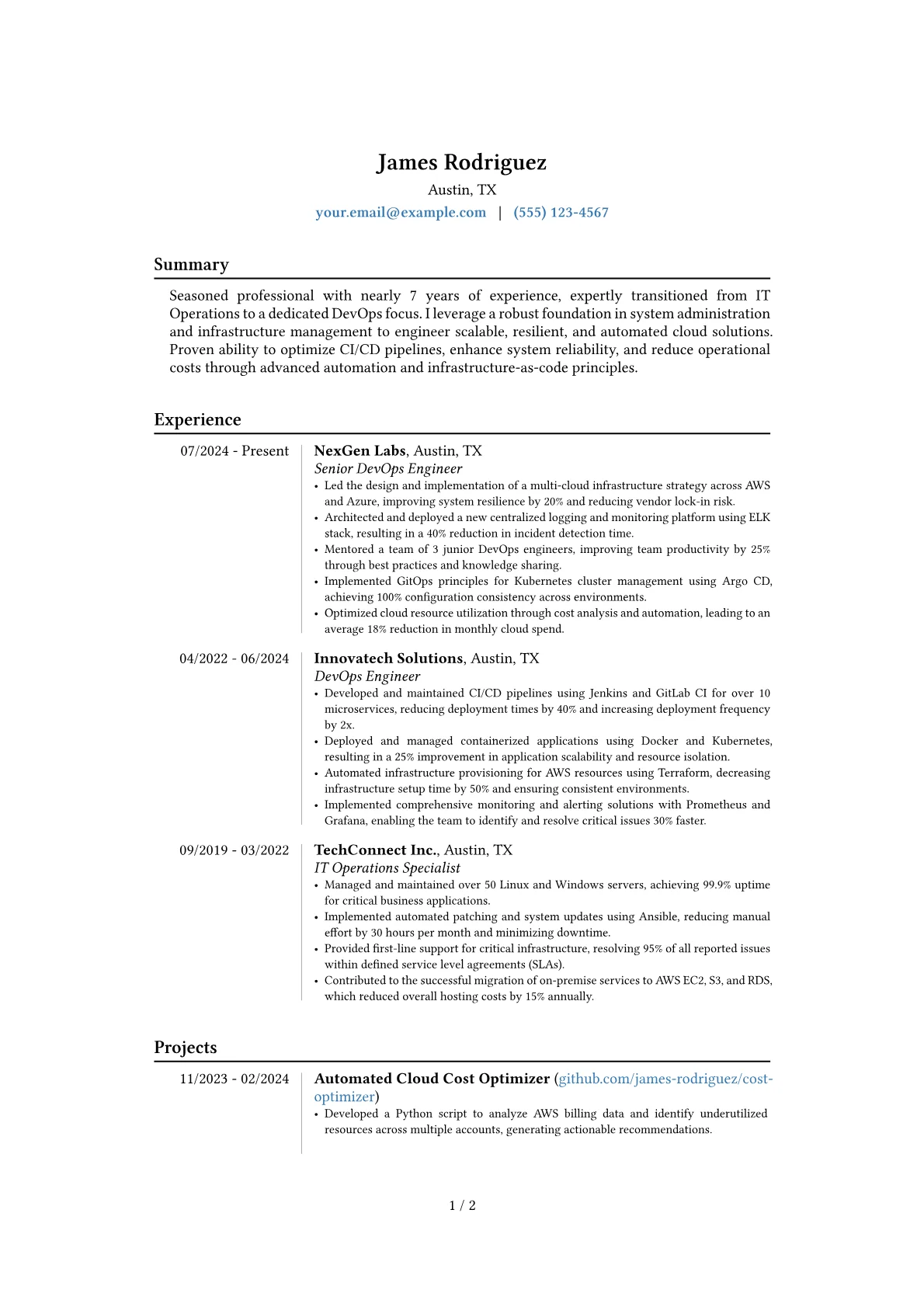 Experienced DevOps Engineer resume example, Career changer, page 1