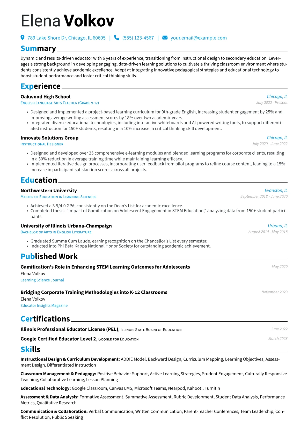 Experienced Educator resume example, Career changer, page 1
