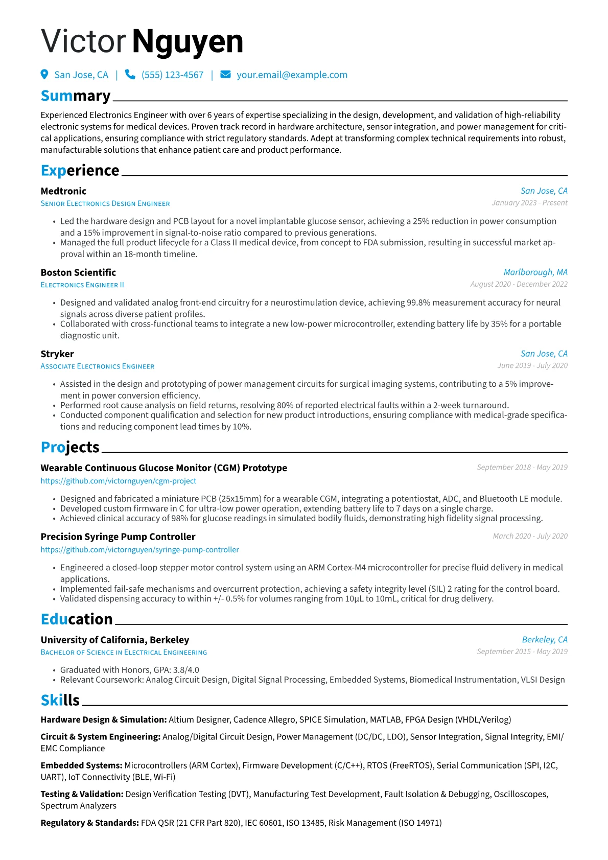 Experienced Electronics Engineer resume example, Medical Device Focus, page 1