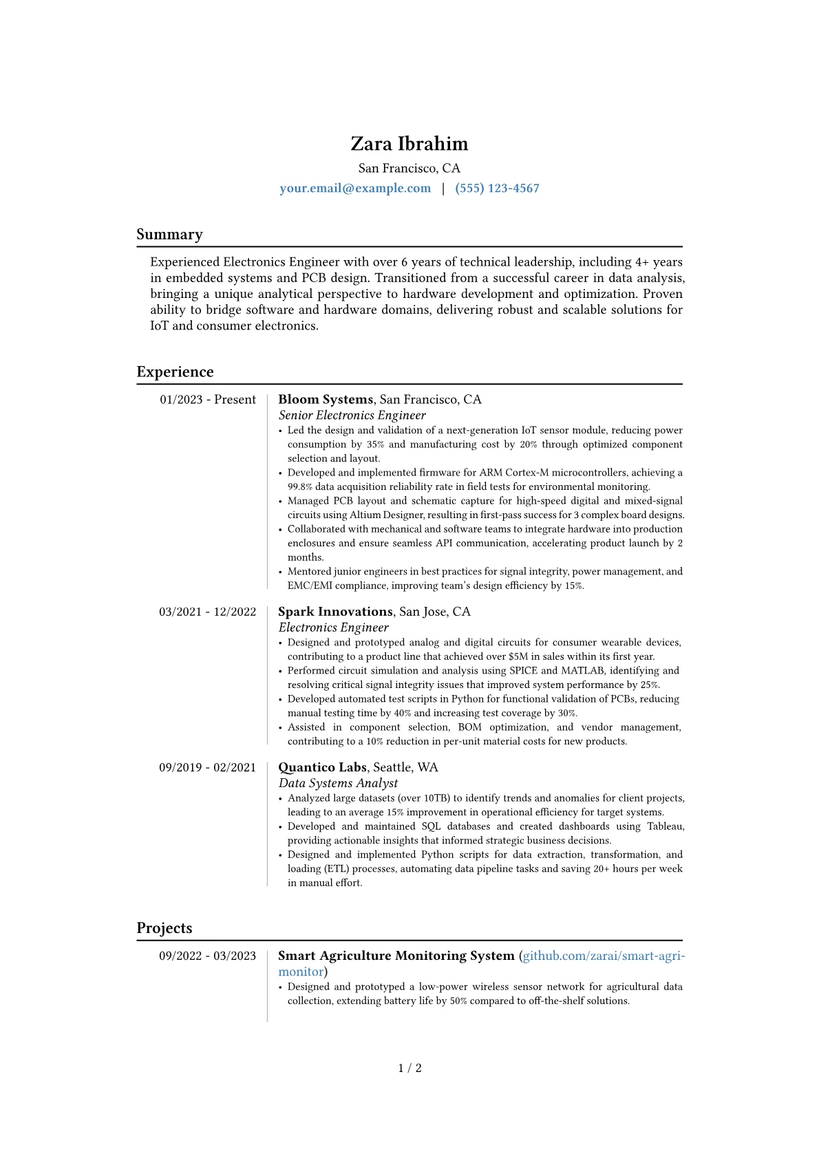 Experienced Electronics Engineer resume example, Career changer, page 1