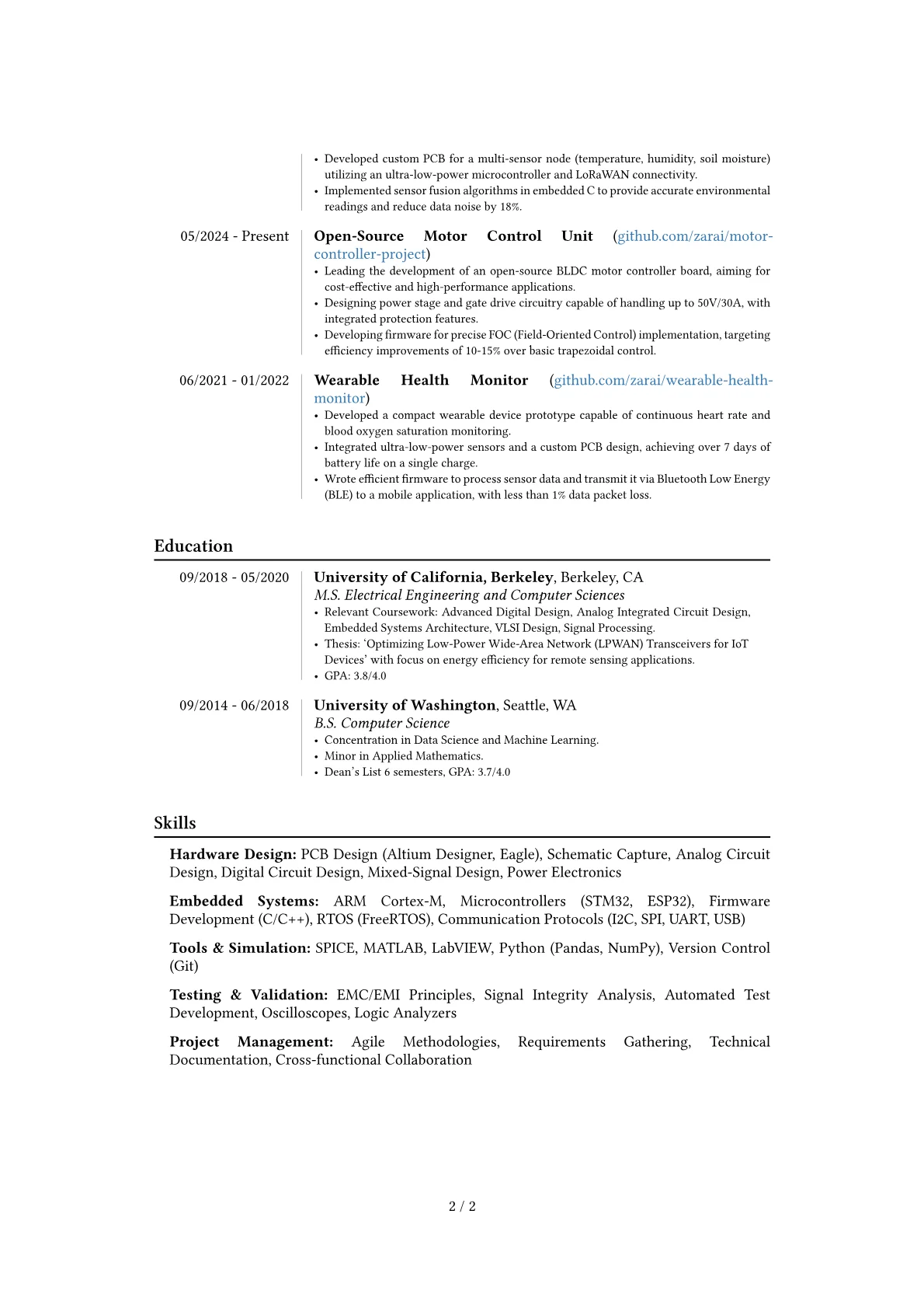 Experienced Electronics Engineer resume example, Career changer, page 2