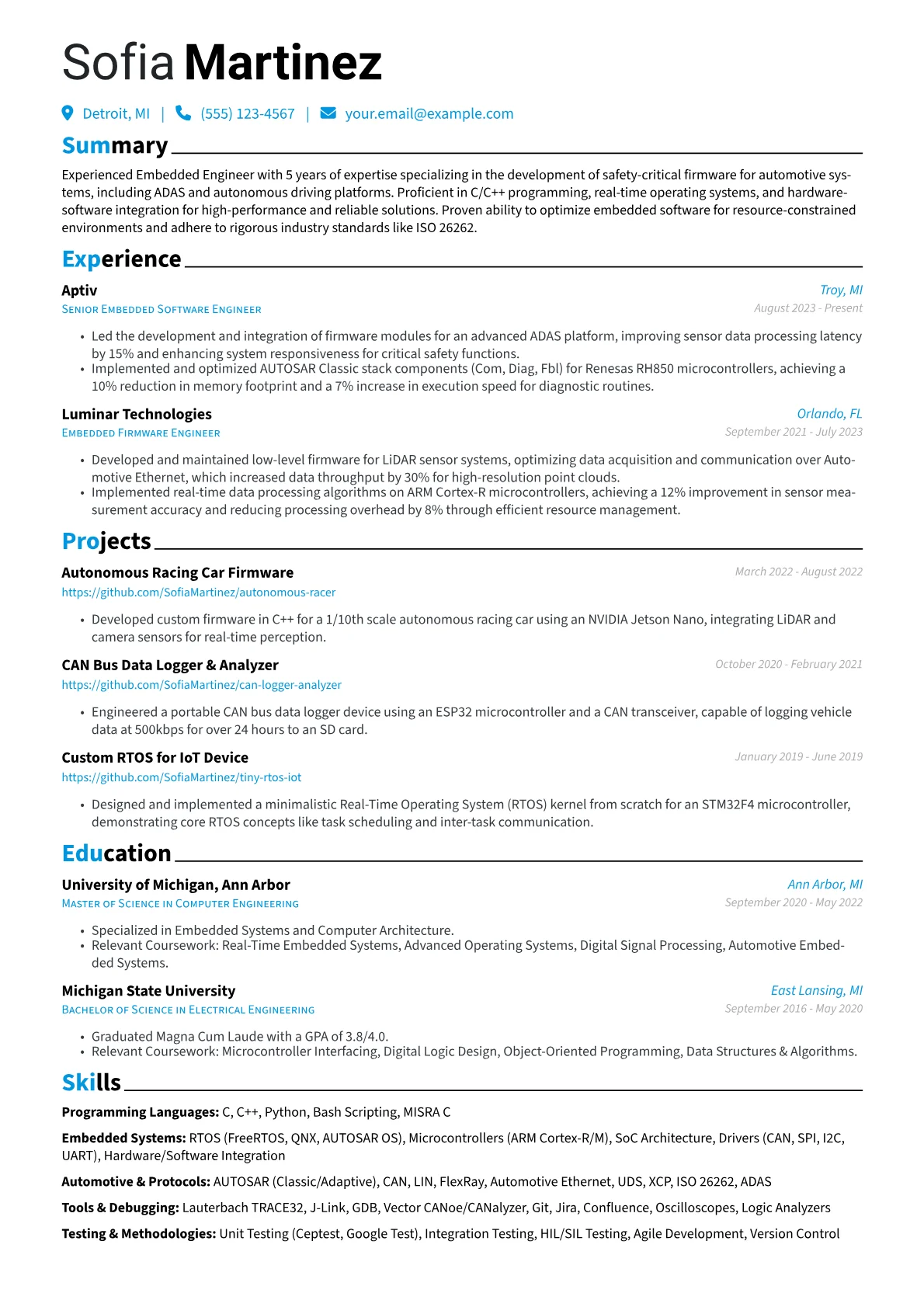 Experienced Embedded Engineer resume example, Experienced Embedded, page 1