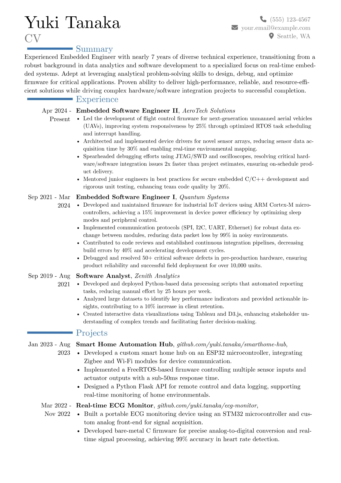 Experienced Embedded Engineer resume example, Career changer, page 1