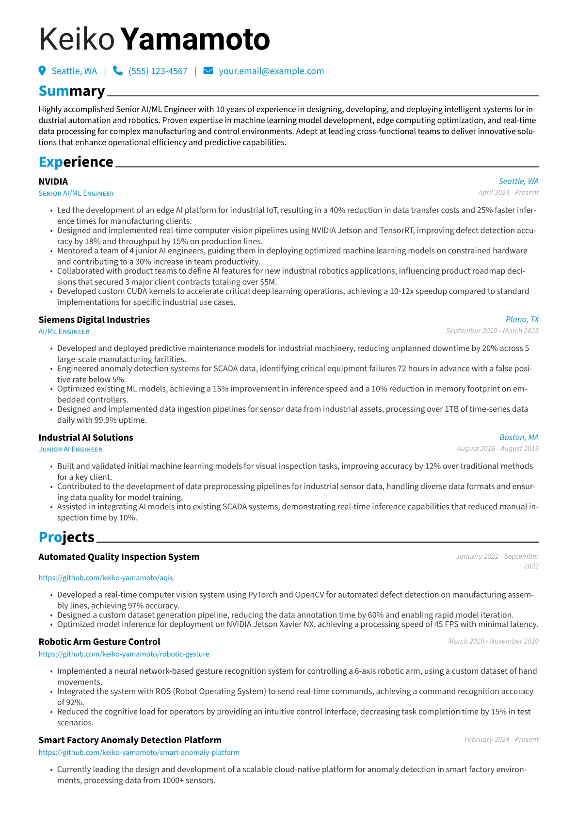 Experienced Engineer resume example, Robotics AI Engineer, page 1