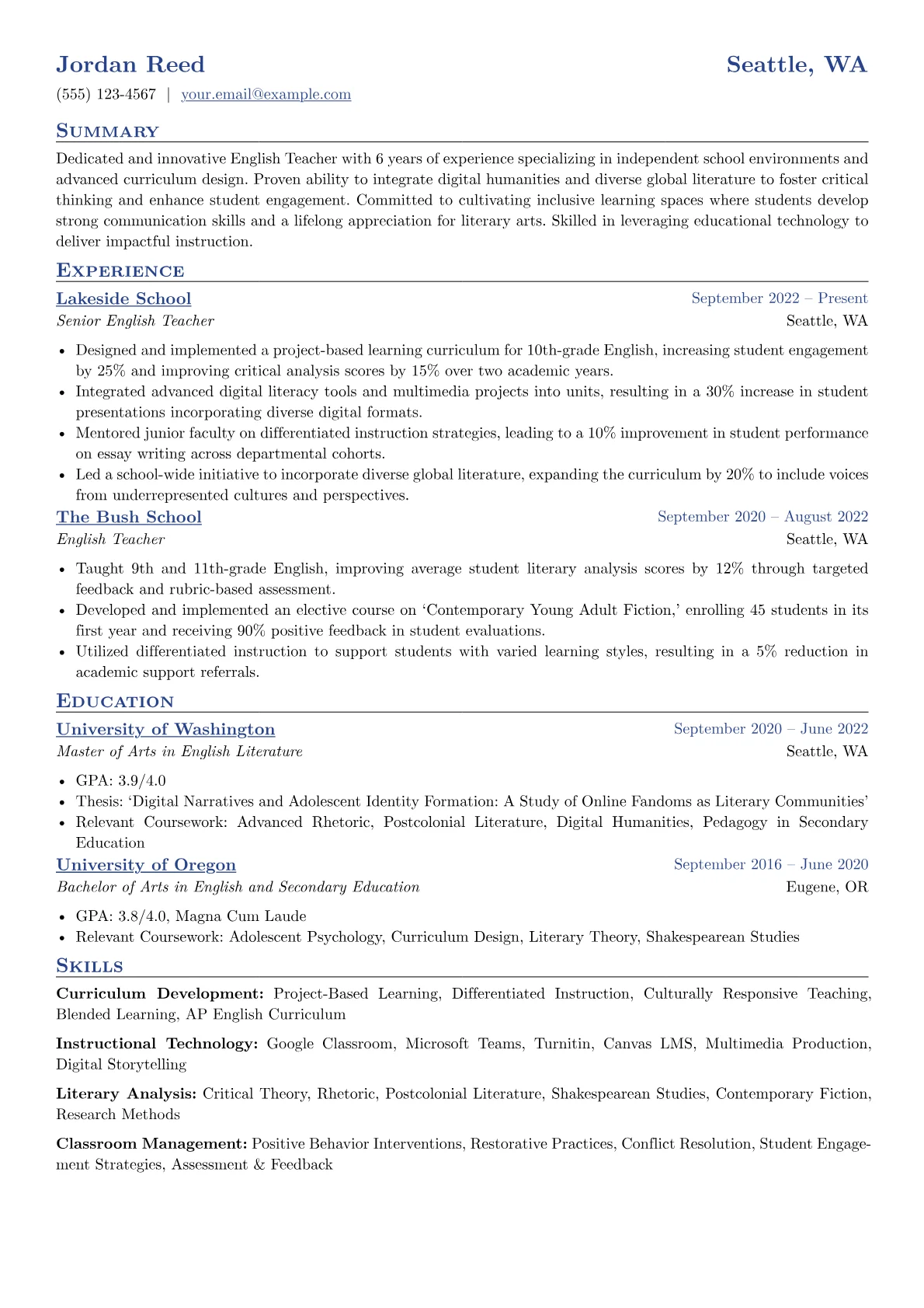 Experienced English Teacher resume example, Independent School English, page 1